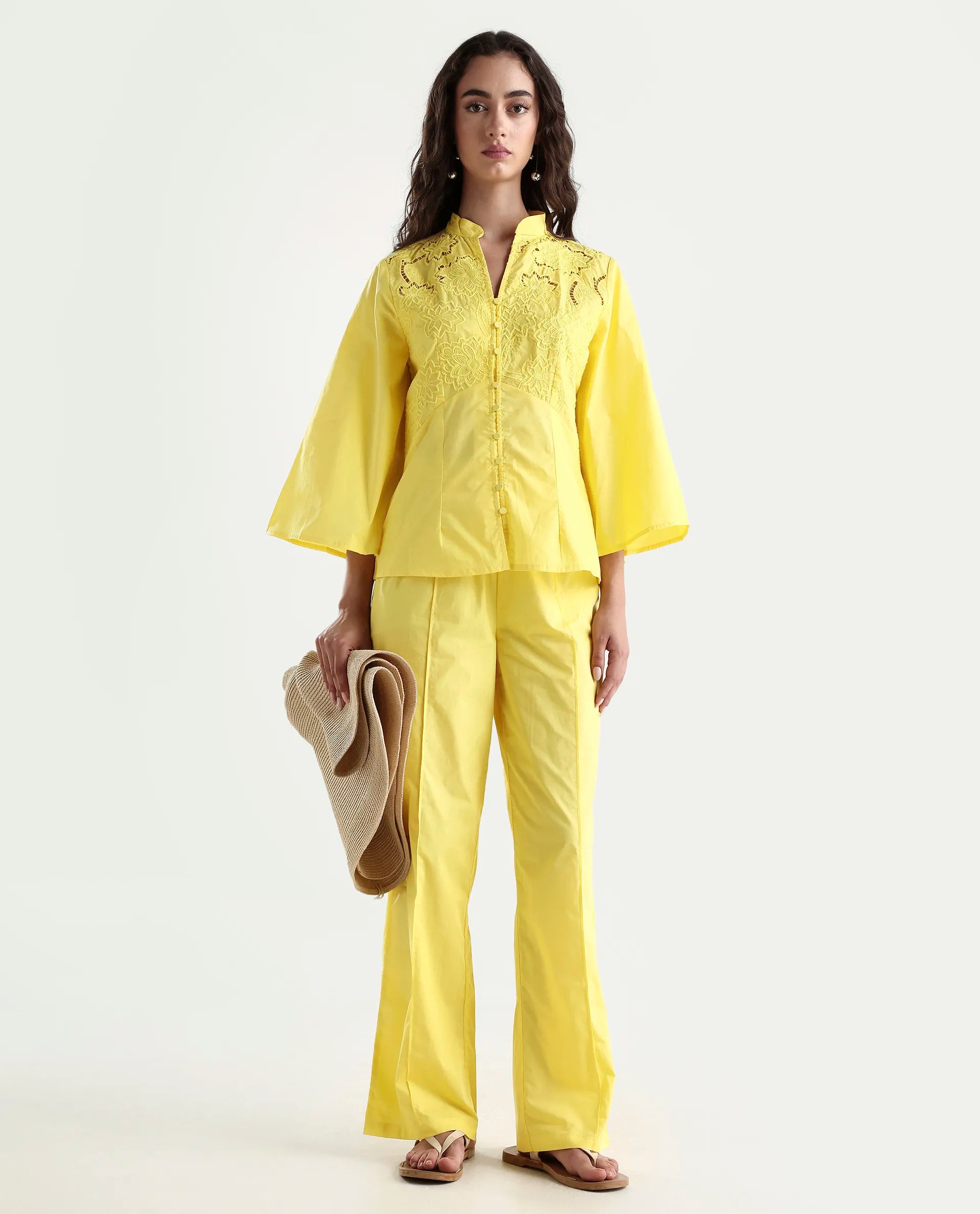 Rareism Women's Badgle-B Pastel Yellow Cotton Plain Ankle Length Straight Fit Trouser