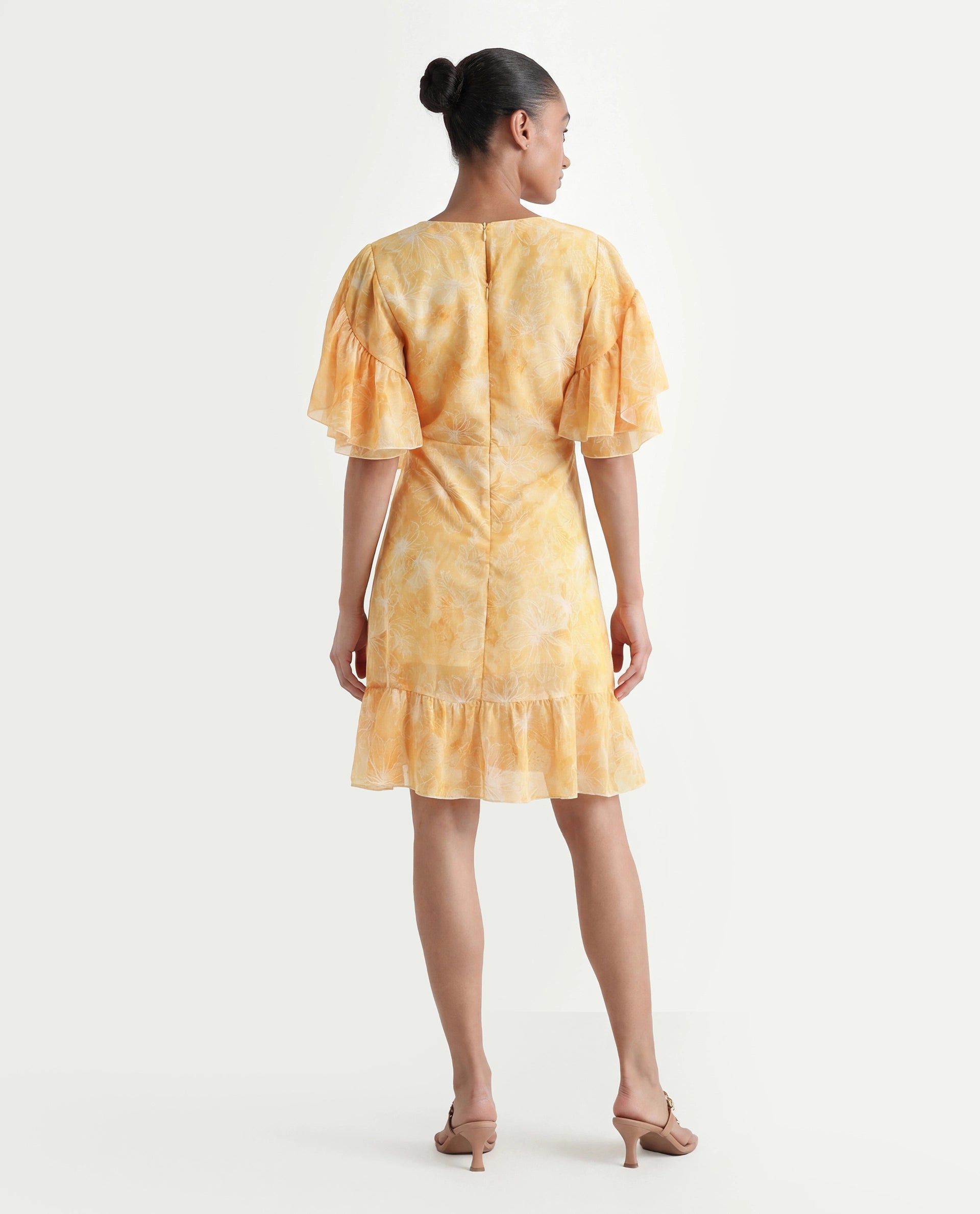 Rareism Women's Buckley Yellow Polyester Overlap Neck Floral Print Raglan Sleeve Knee Length Fit And Flare Dress