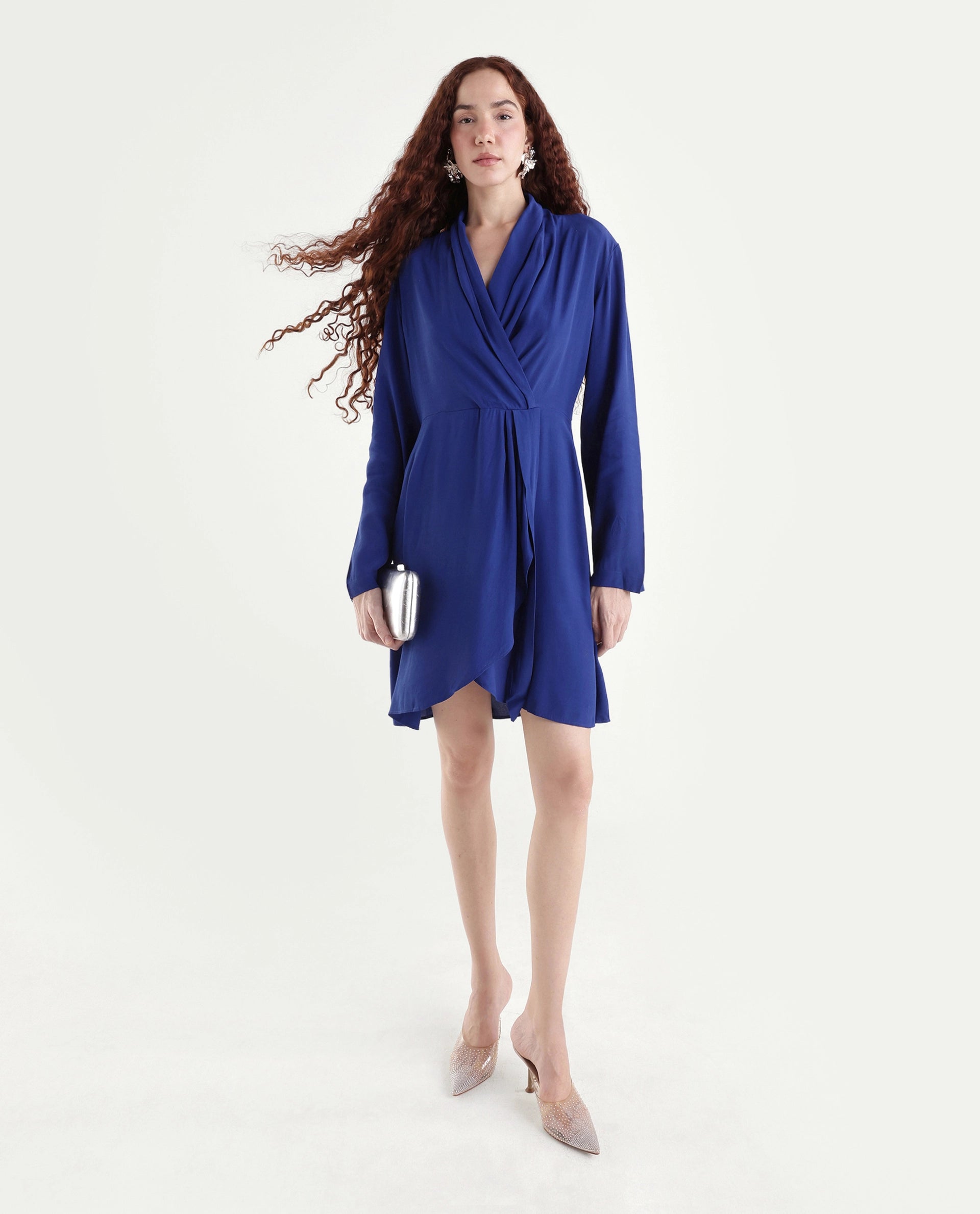 Rareism Women's Celler Flouroscent Blue Rayon Lapel Neck Plain Mini Wrap Dress