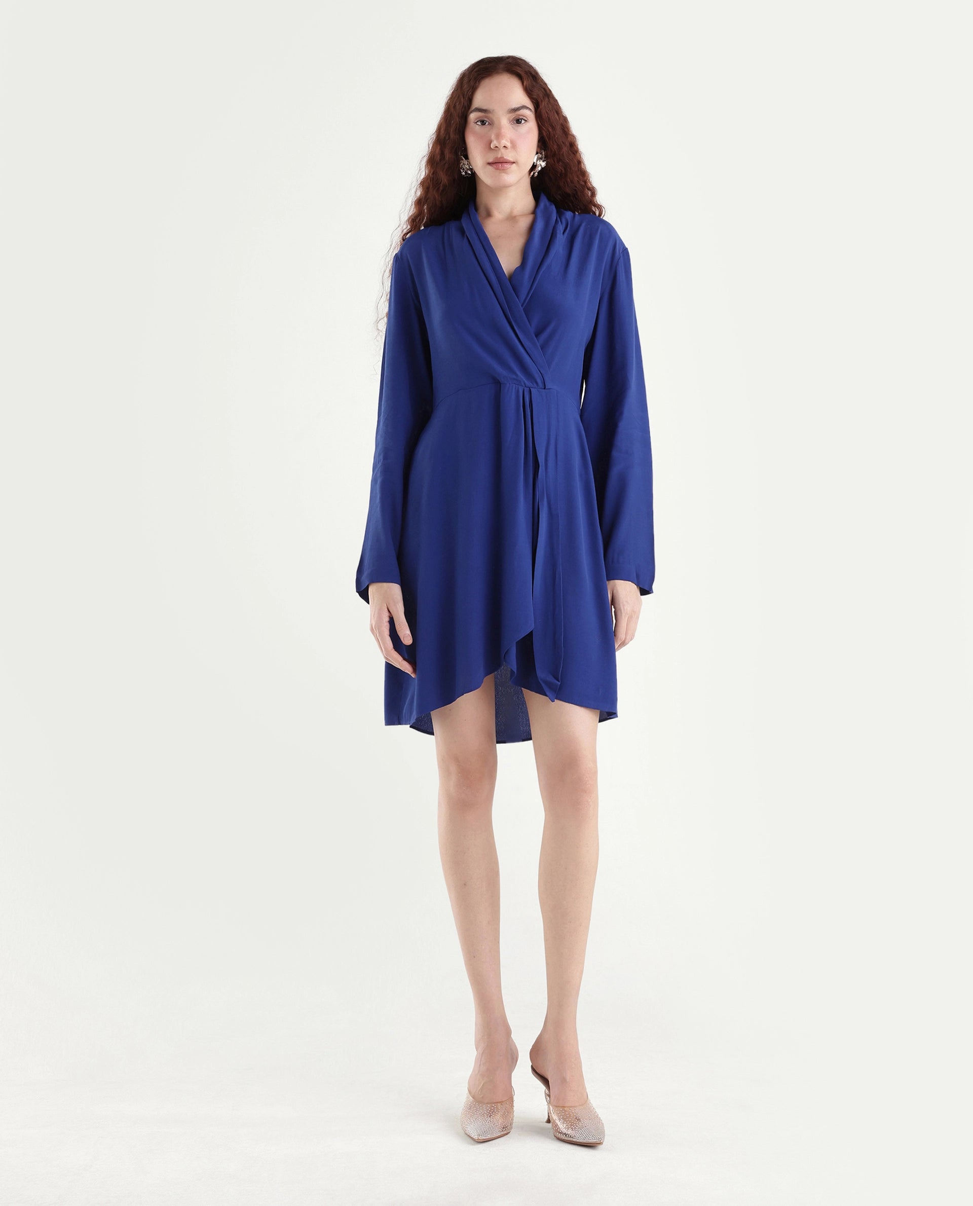 Rareism Women's Celler Flouroscent Blue Rayon Lapel Neck Plain Mini Wrap Dress