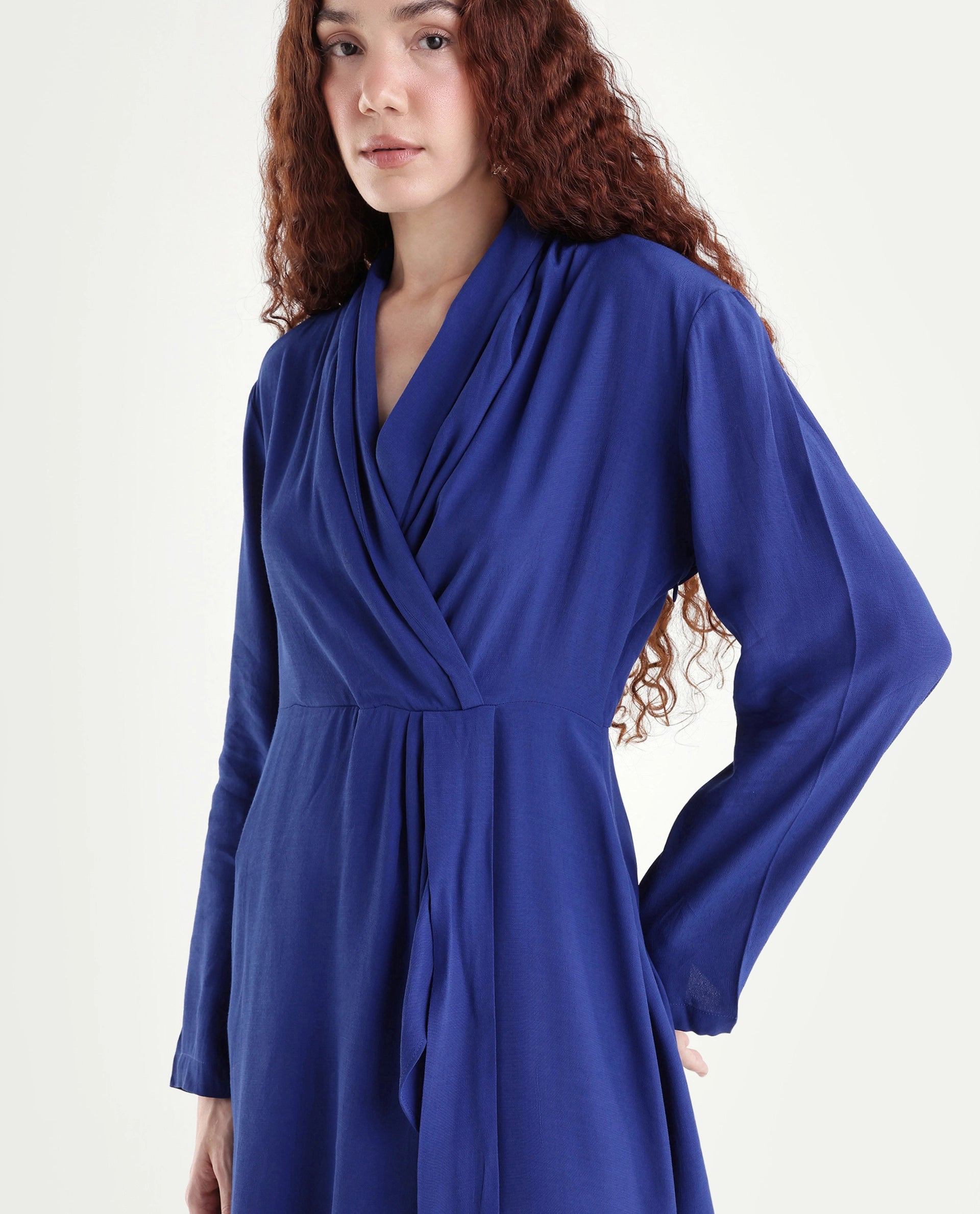 Rareism Women's Celler Flouroscent Blue Rayon Lapel Neck Plain Mini Wrap Dress