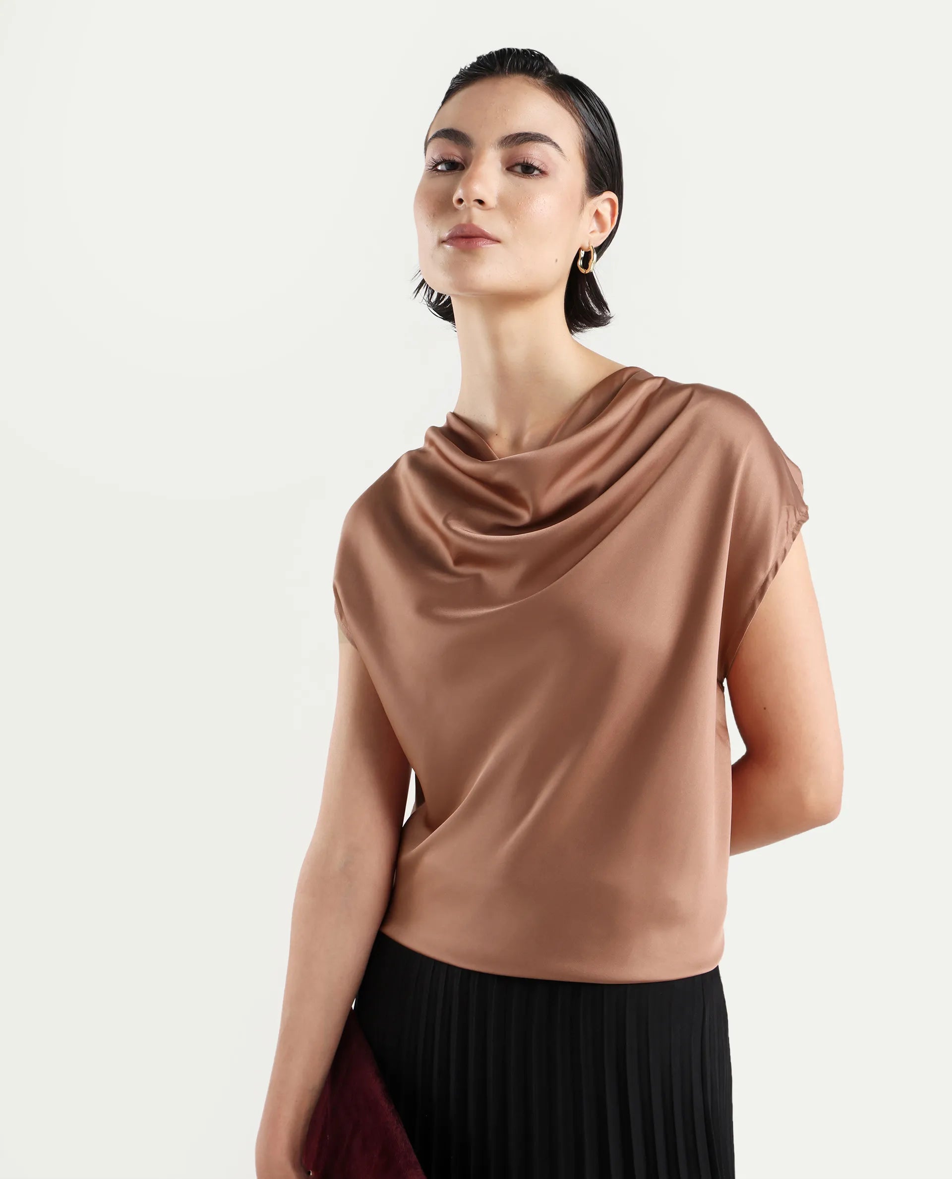 Rareism Women's Hawter Brown Polyester Cowl Neck Plain Cap Sleeve Regular Fit Top
