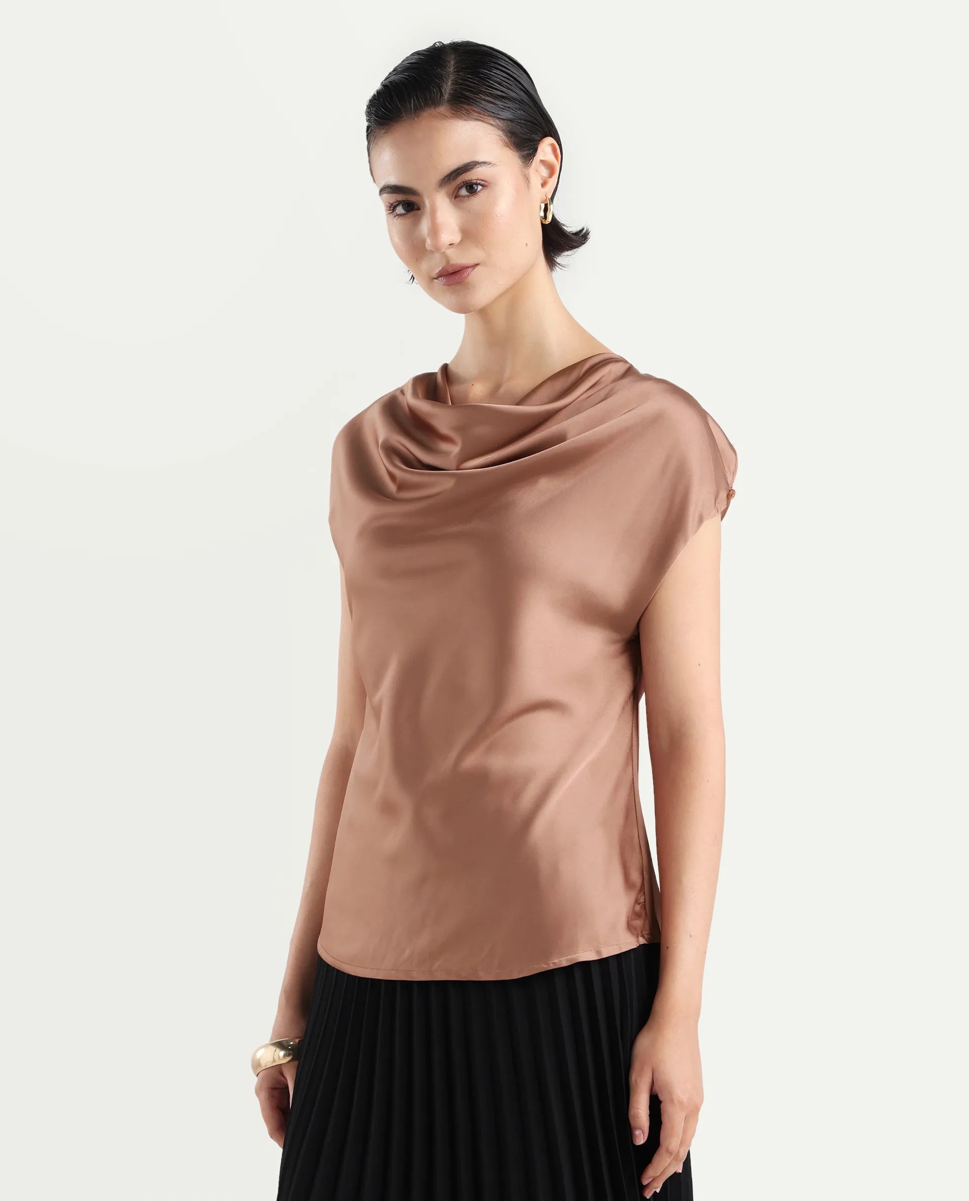 Rareism Women's Hawter Brown Polyester Cowl Neck Plain Cap Sleeve Regular Fit Top