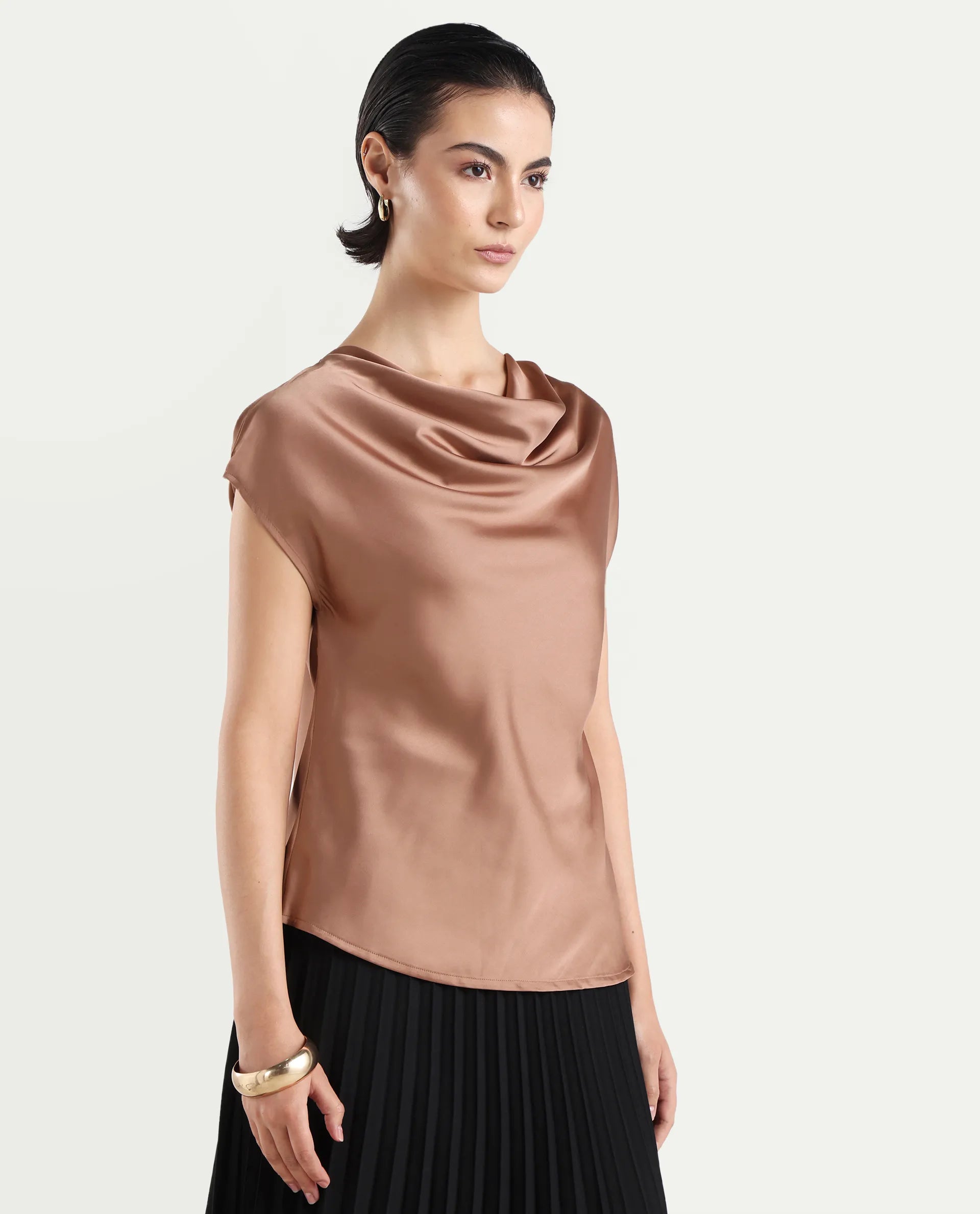 Rareism Women's Hawter Brown Polyester Cowl Neck Plain Cap Sleeve Regular Fit Top