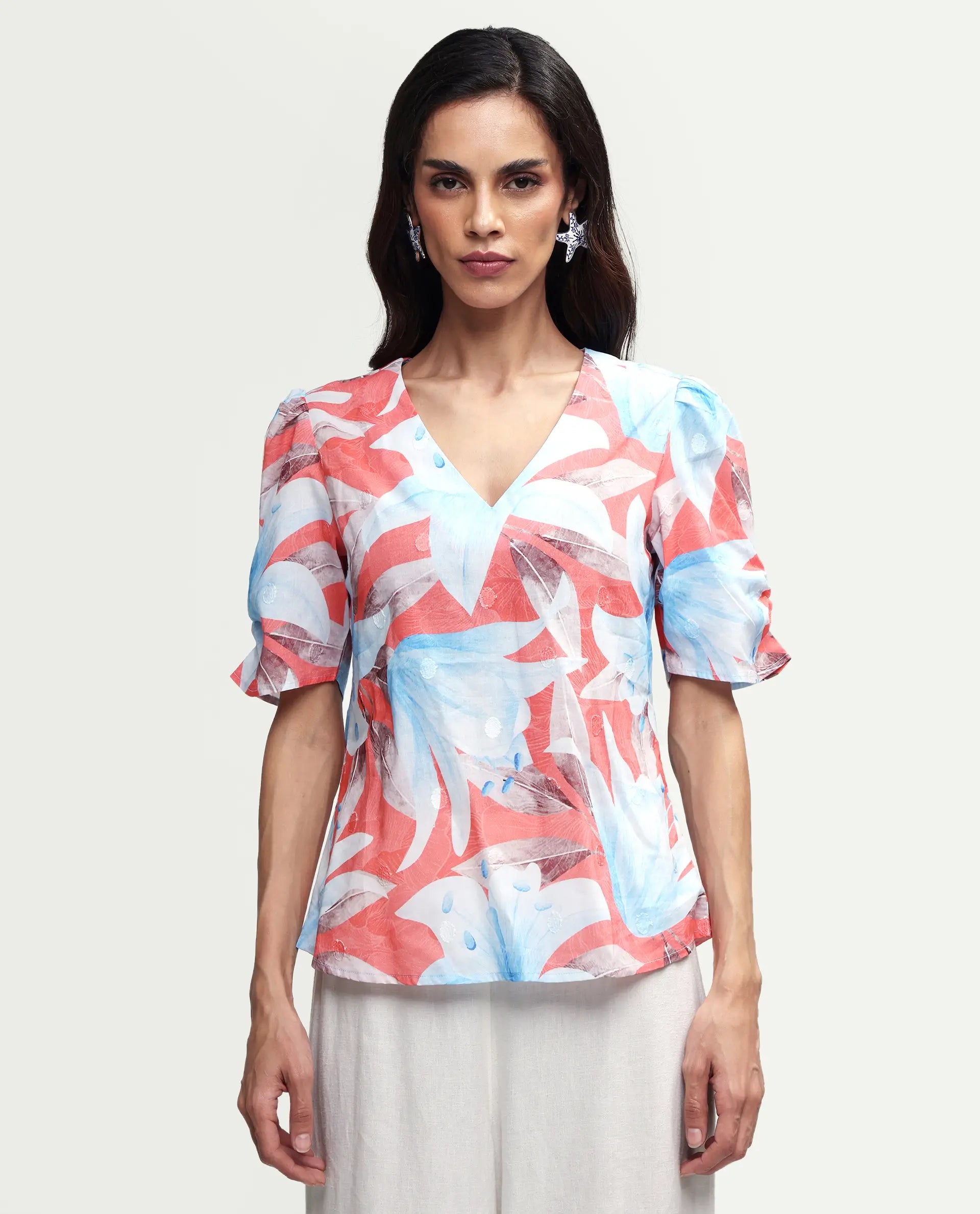 Rareism Women's Housto-T Pink Cotton V-Neck Floral Print Puff Sleeves Regular Fit Top