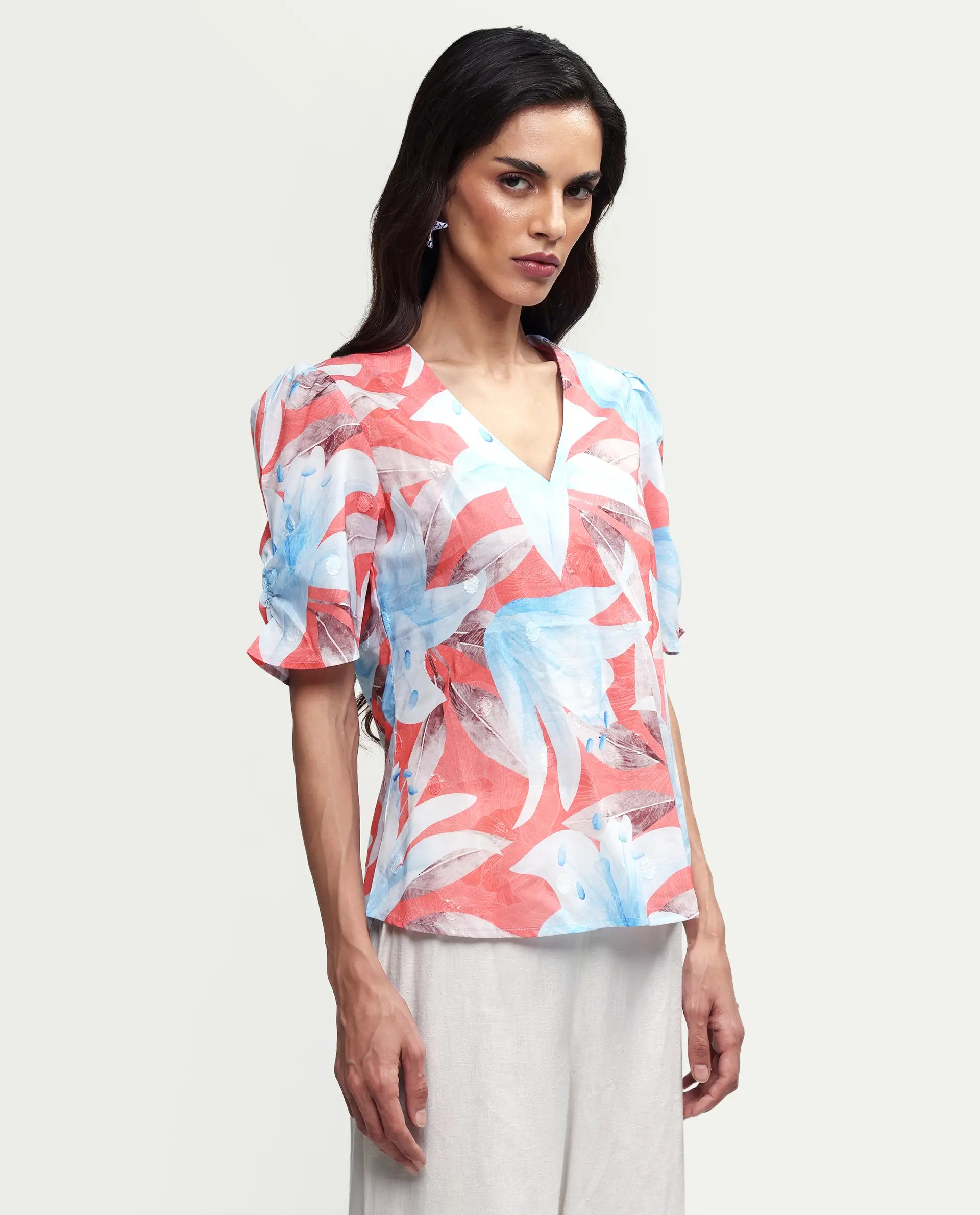 Rareism Women's Housto-T Pink Cotton V-Neck Floral Print Puff Sleeves Regular Fit Top