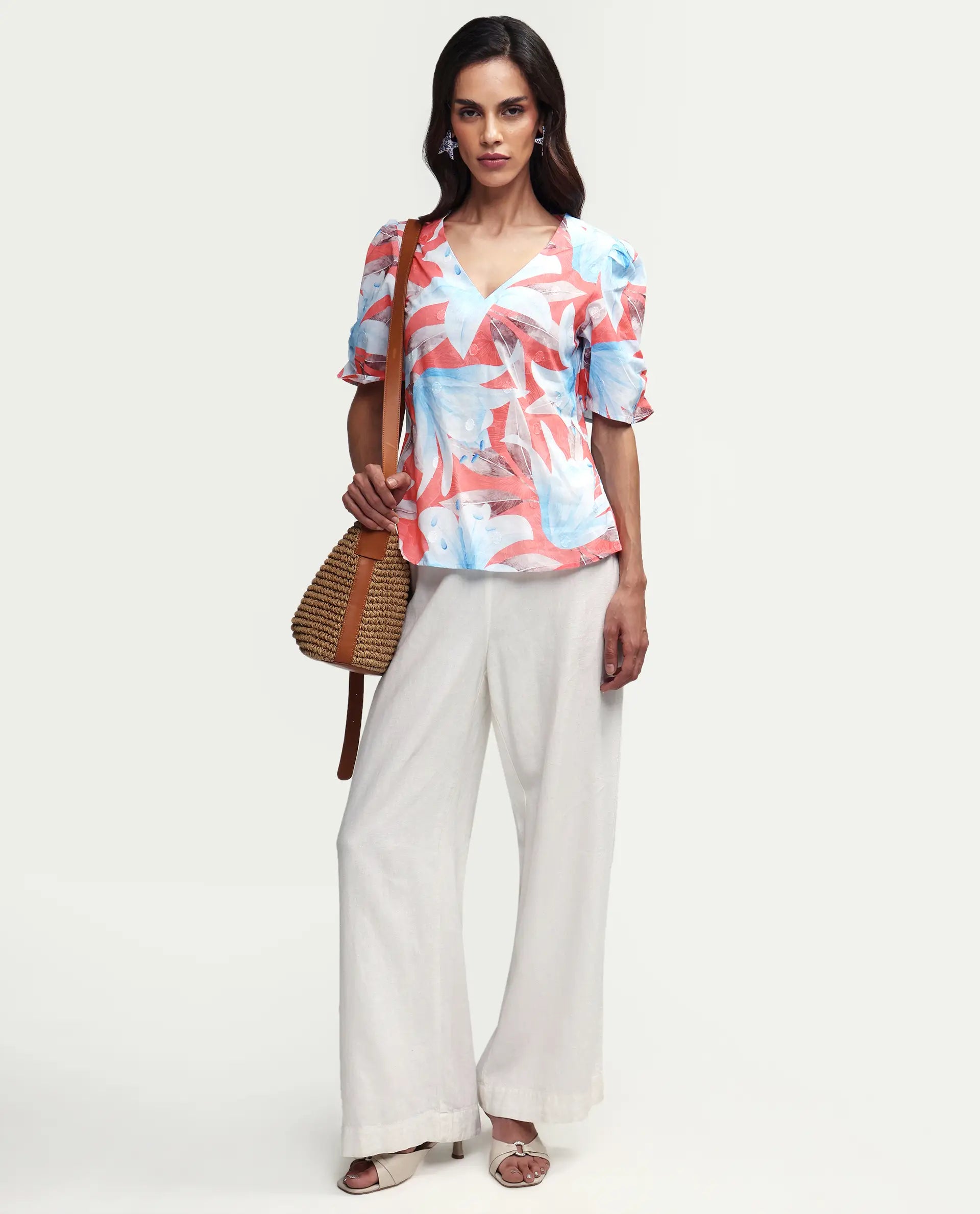 Rareism Women's Housto-T Pink Cotton V-Neck Floral Print Puff Sleeves Regular Fit Top