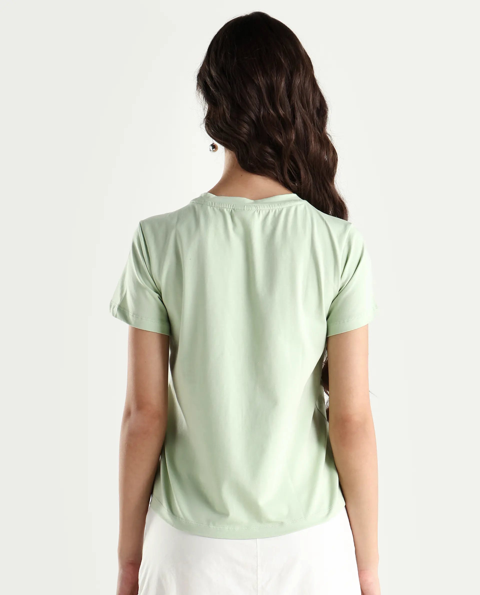 Rareism Women's Fringe Pastel Green Cotton Blend Crew Neck Graphic Print Regular Fit T-Shirt