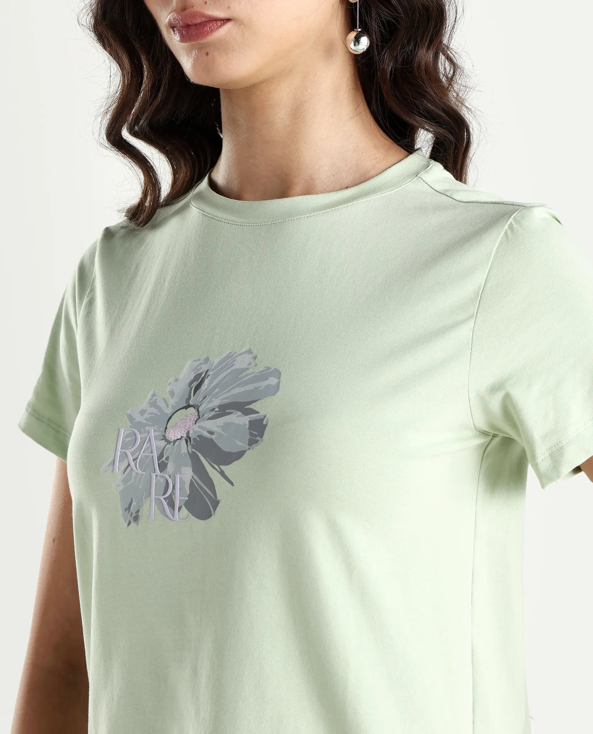 Rareism Women's Fringe Pastel Green Cotton Blend Crew Neck Graphic Print Regular Fit T-Shirt