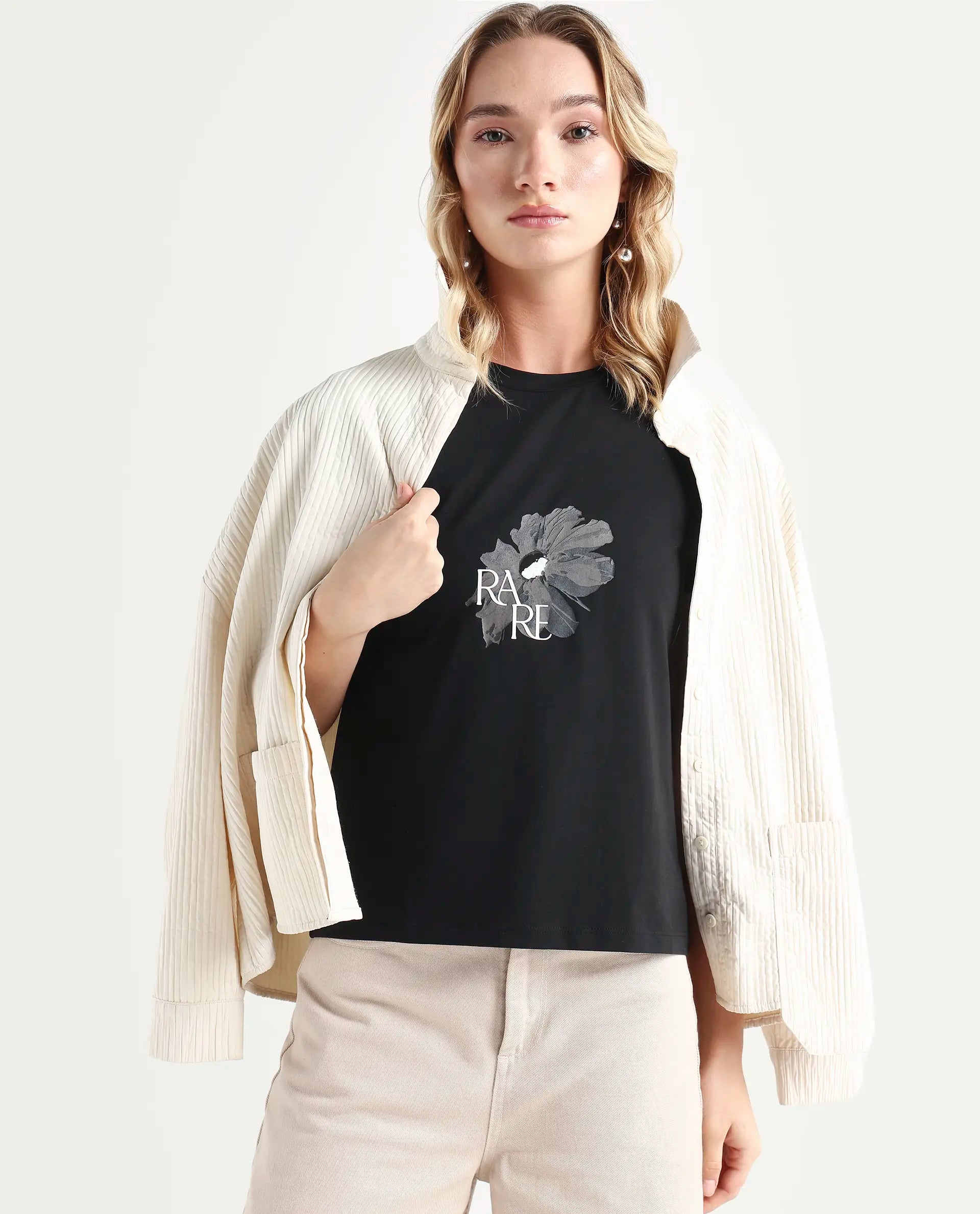 Rareism Women's Fringe Black Cotton Blend Crew Neck Graphic Print Regular Fit T-Shirt