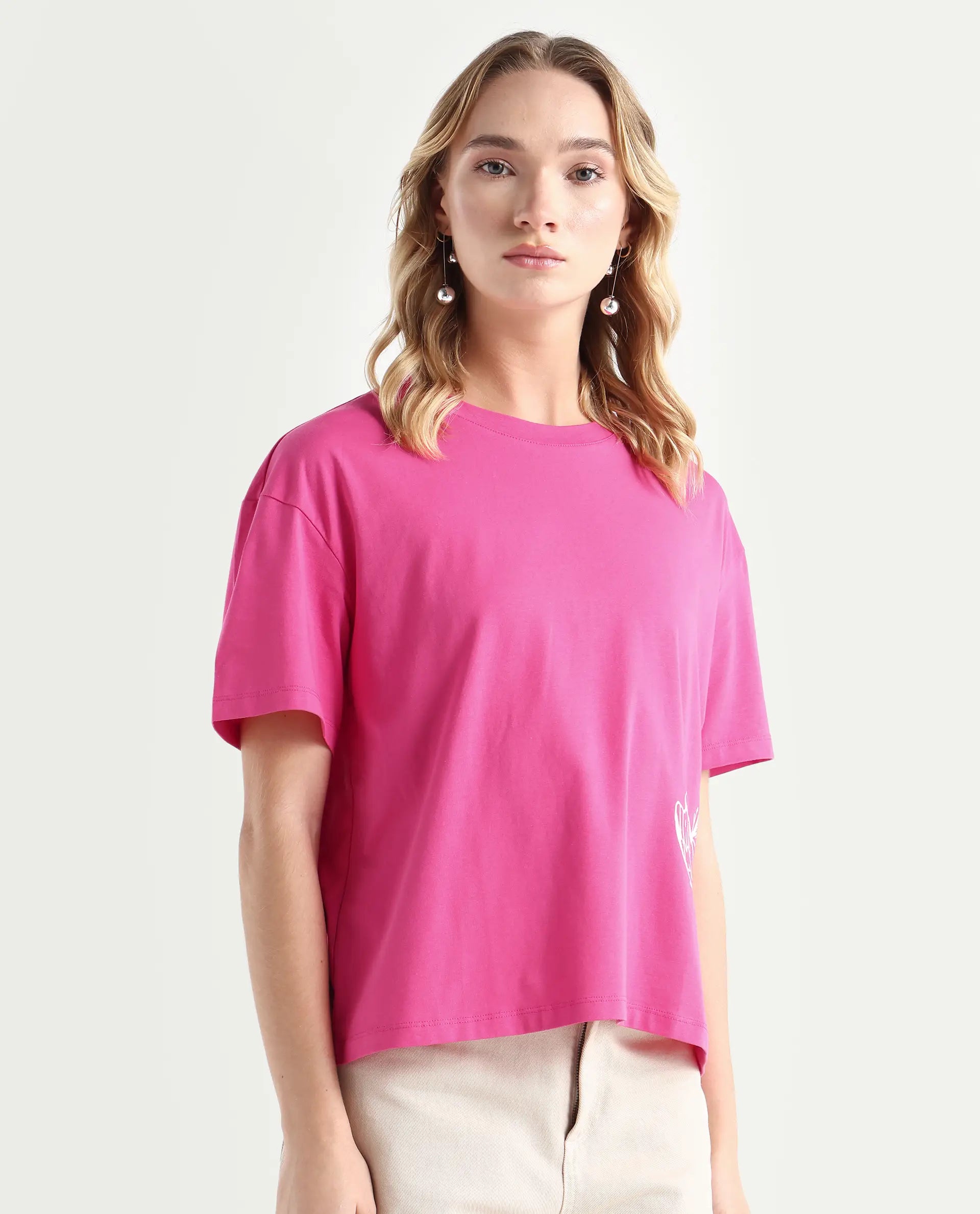 Rareism Women's Grando Flouroscent Pink Cotton Blend Crew Neck Graphic Print Boxy Fit T-Shirt