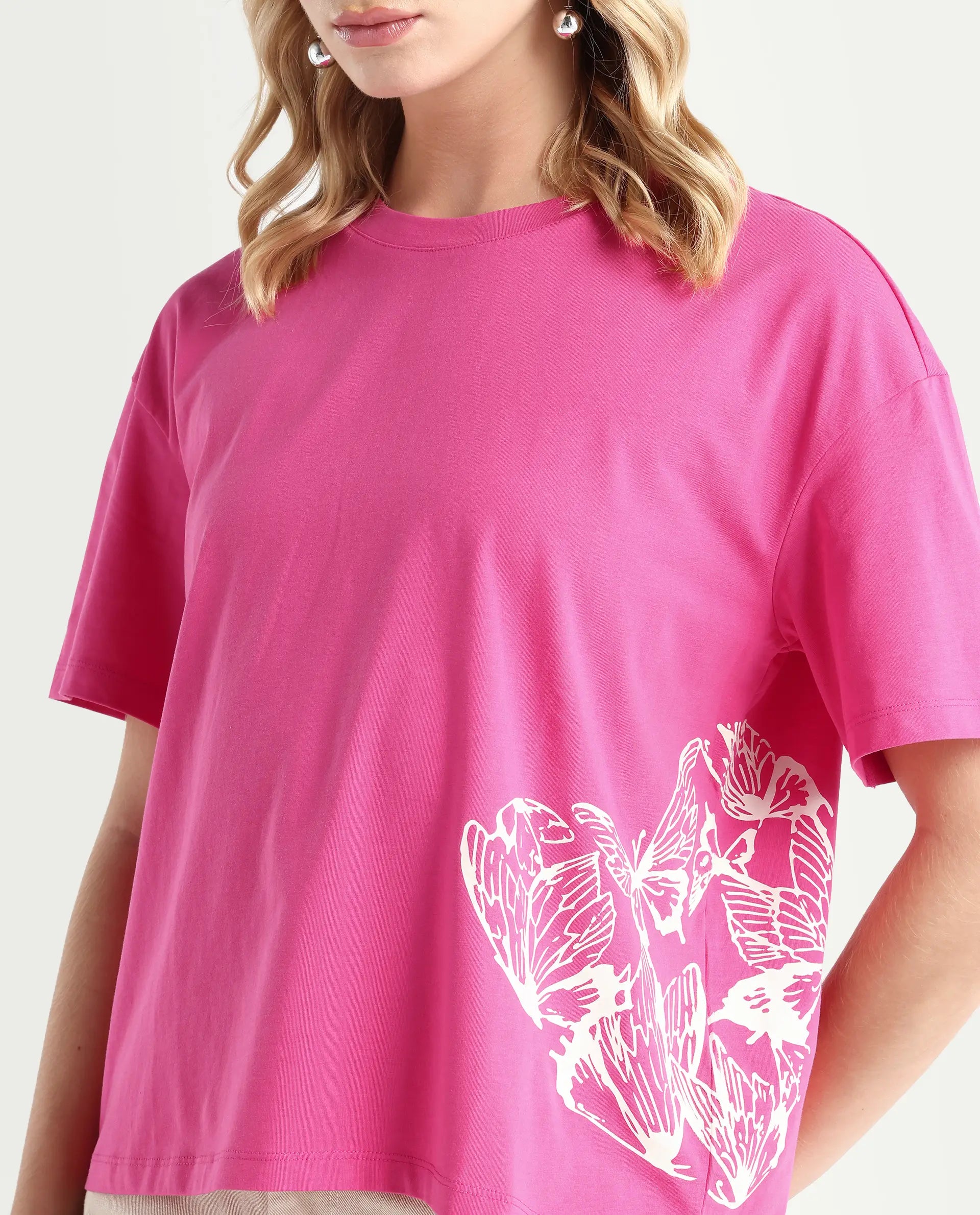 Rareism Women's Grando Flouroscent Pink Cotton Blend Crew Neck Graphic Print Boxy Fit T-Shirt