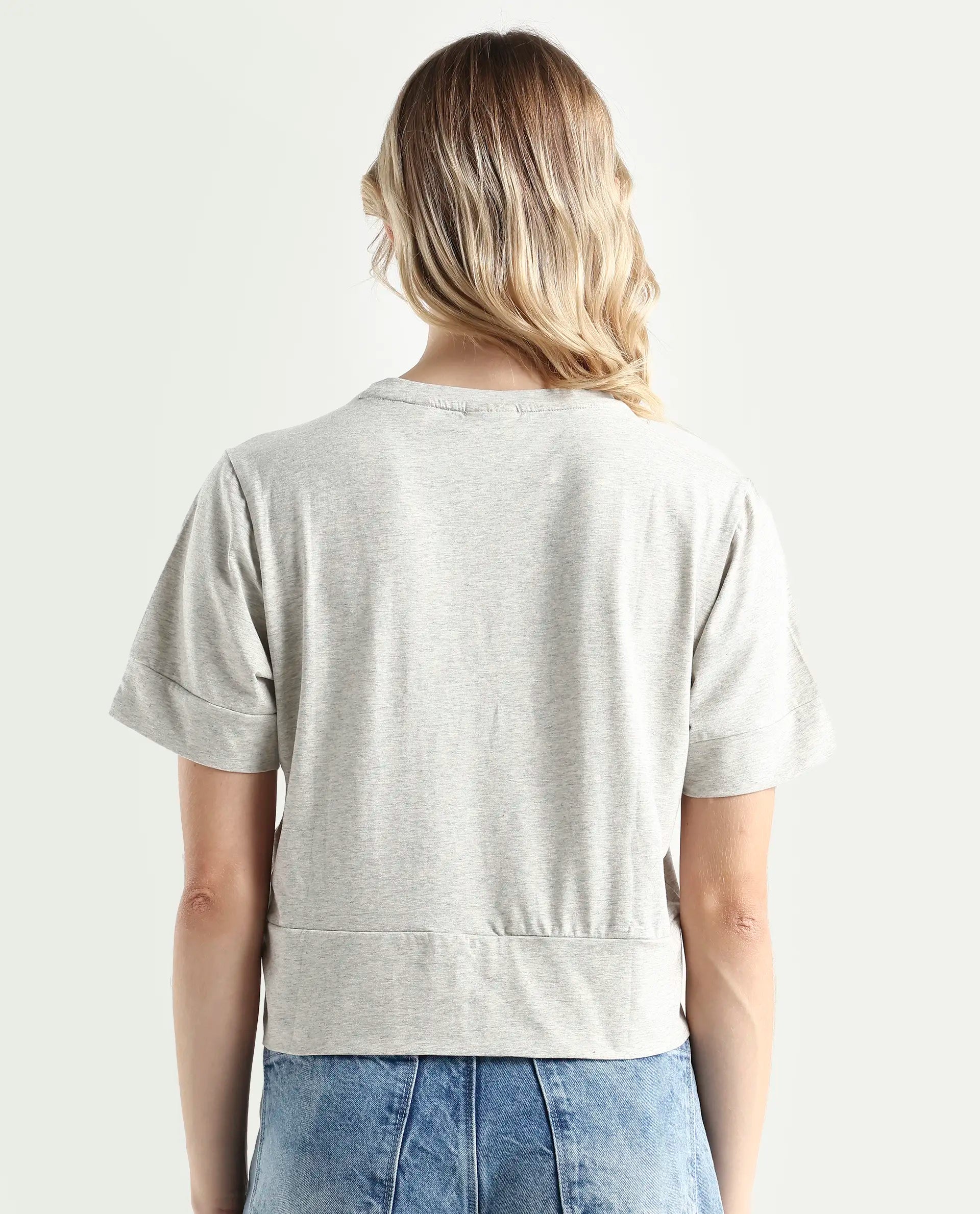 Rareism Women's Sandre Melange Grey Cotton Blend Crew Neck Graphic Print Regular Fit T-Shirt