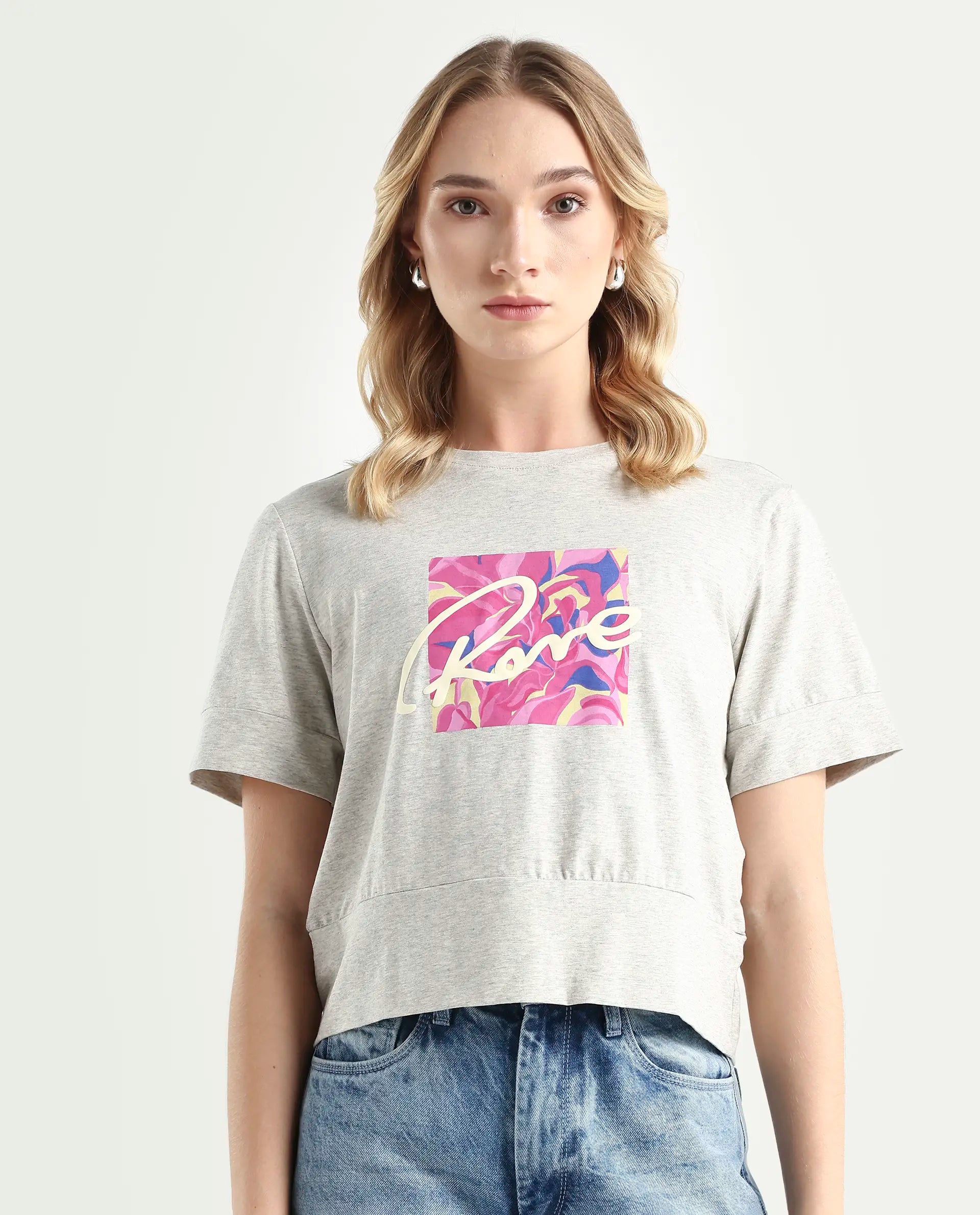 Rareism Women's Sandre Melange Grey Cotton Blend Crew Neck Graphic Print Regular Fit T-Shirt