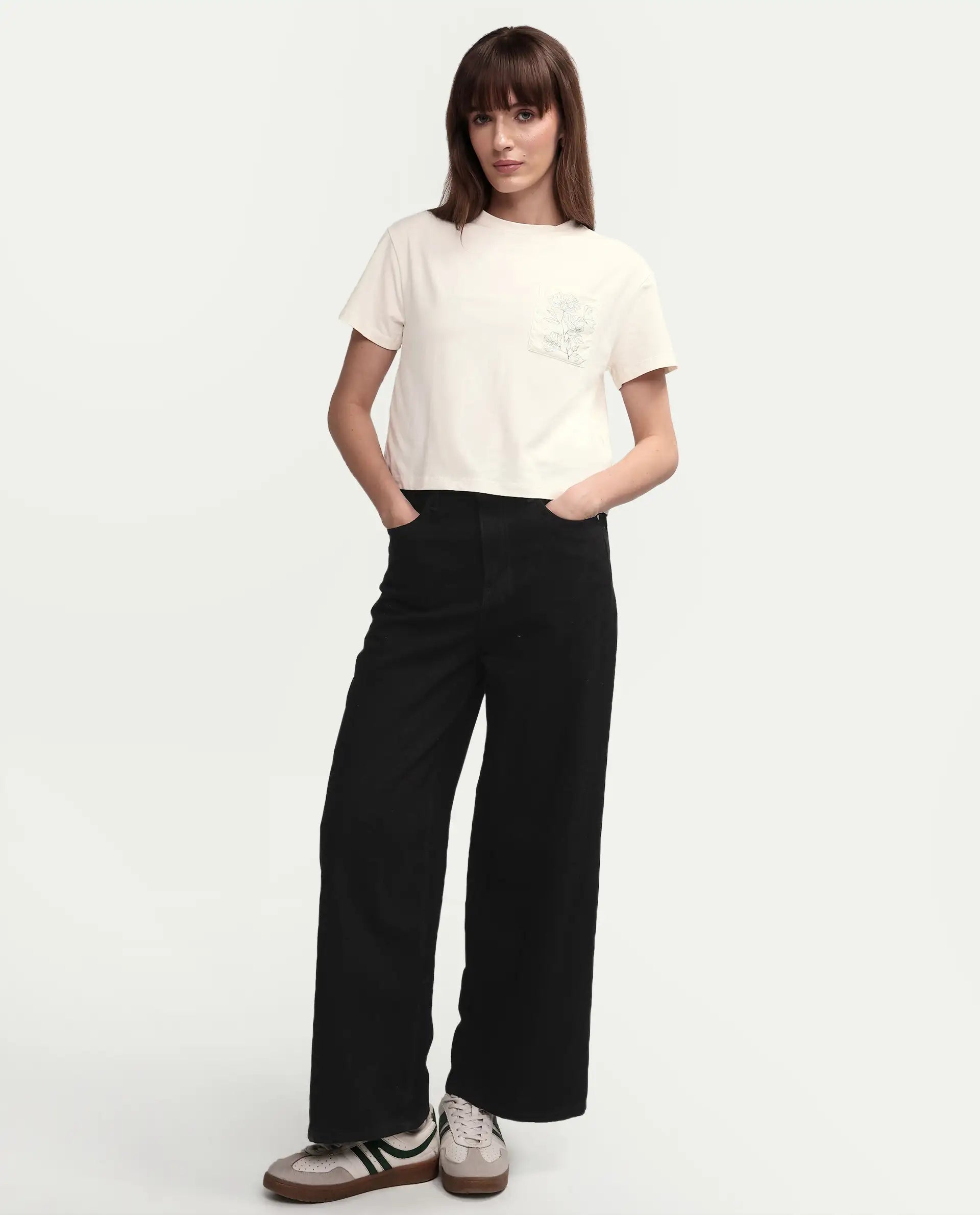 Rareism Women's Strankle Off White Cotton Blend Crew Neck Graphic Print Crop Regular Fit T-Shirt