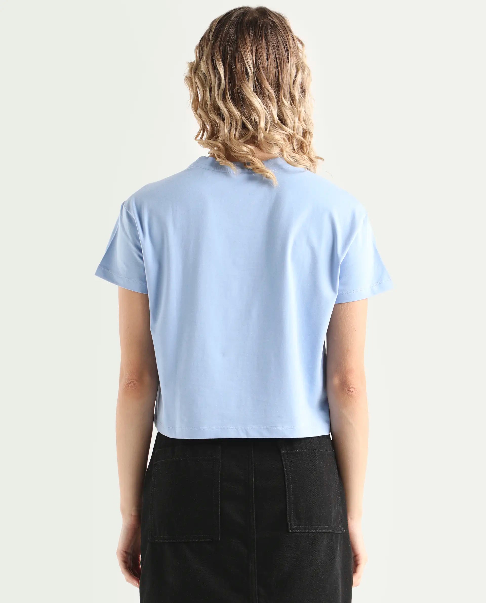 Rareism Women's Strankle Blue Cotton Blend Crew Neck Graphic Print Crop Regular Fit T-Shirt