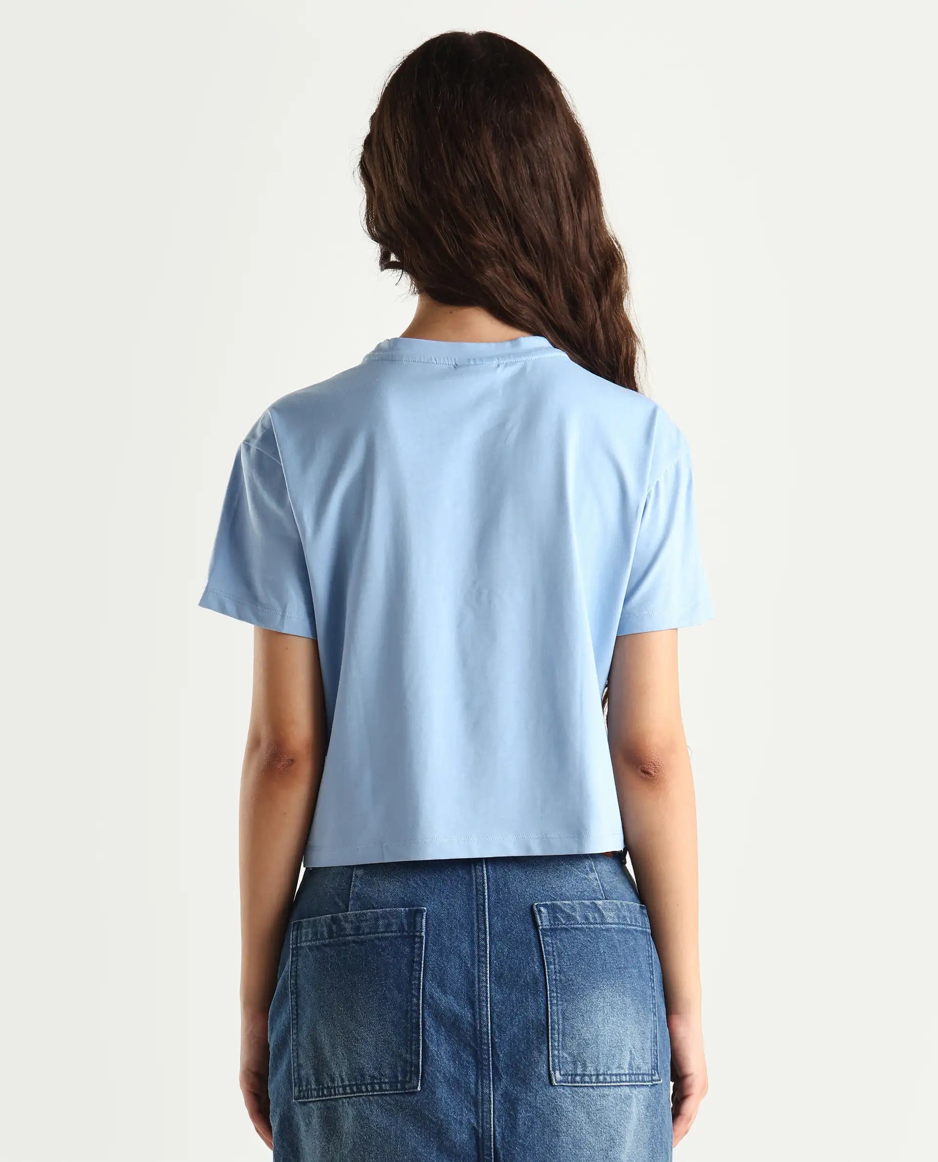 Rareism Women's Sandre Blue Cotton Blend Crew Neck Graphic Print Crop Regular Fit T-Shirt