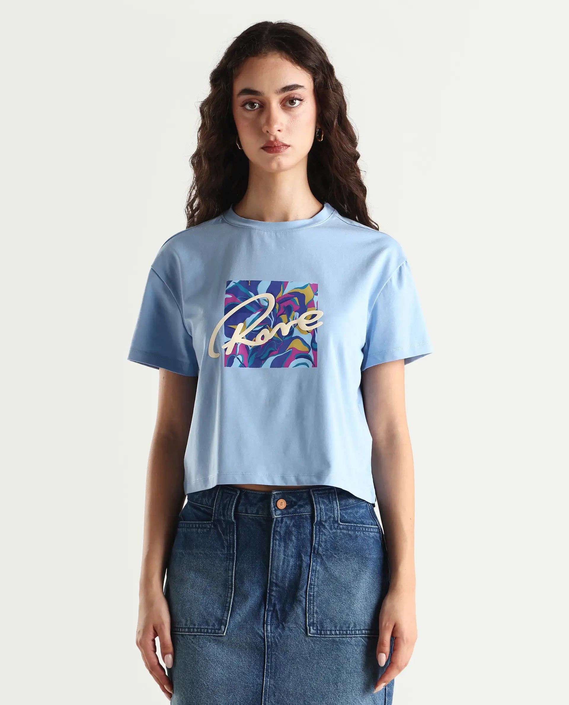 Rareism Women's Sandre Blue Cotton Blend Crew Neck Graphic Print Crop Regular Fit T-Shirt