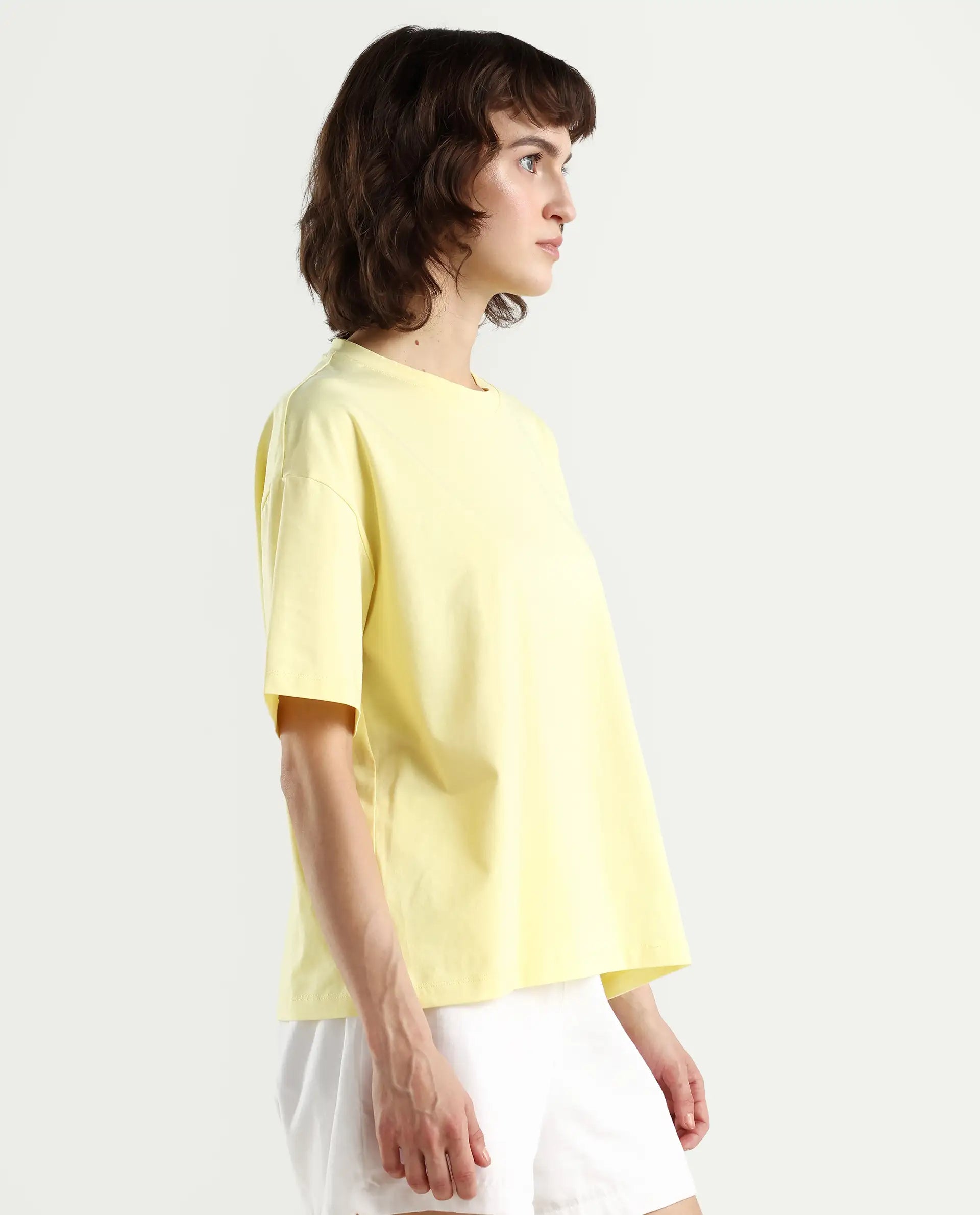 Rareism Women's Grando Yellow Cotton Blend Crew Neck Plain Boxy Fit T-Shirt