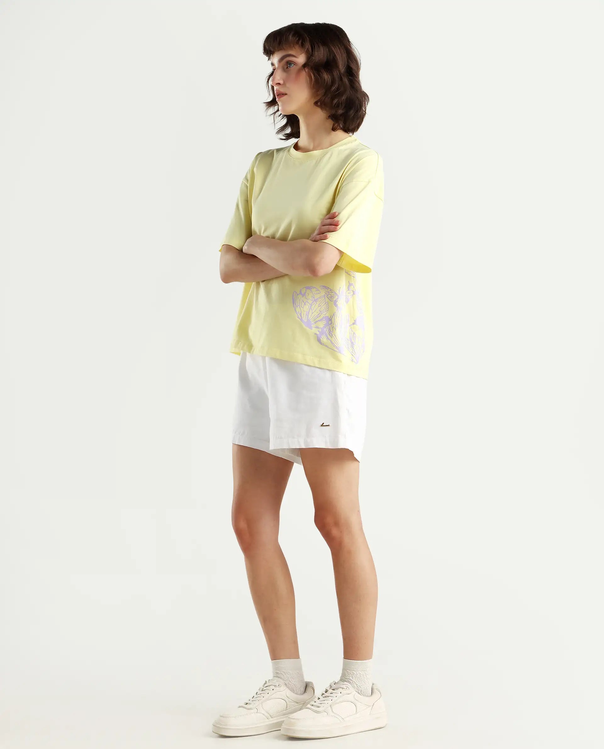 Rareism Women's Grando Yellow Cotton Blend Crew Neck Plain Boxy Fit T-Shirt
