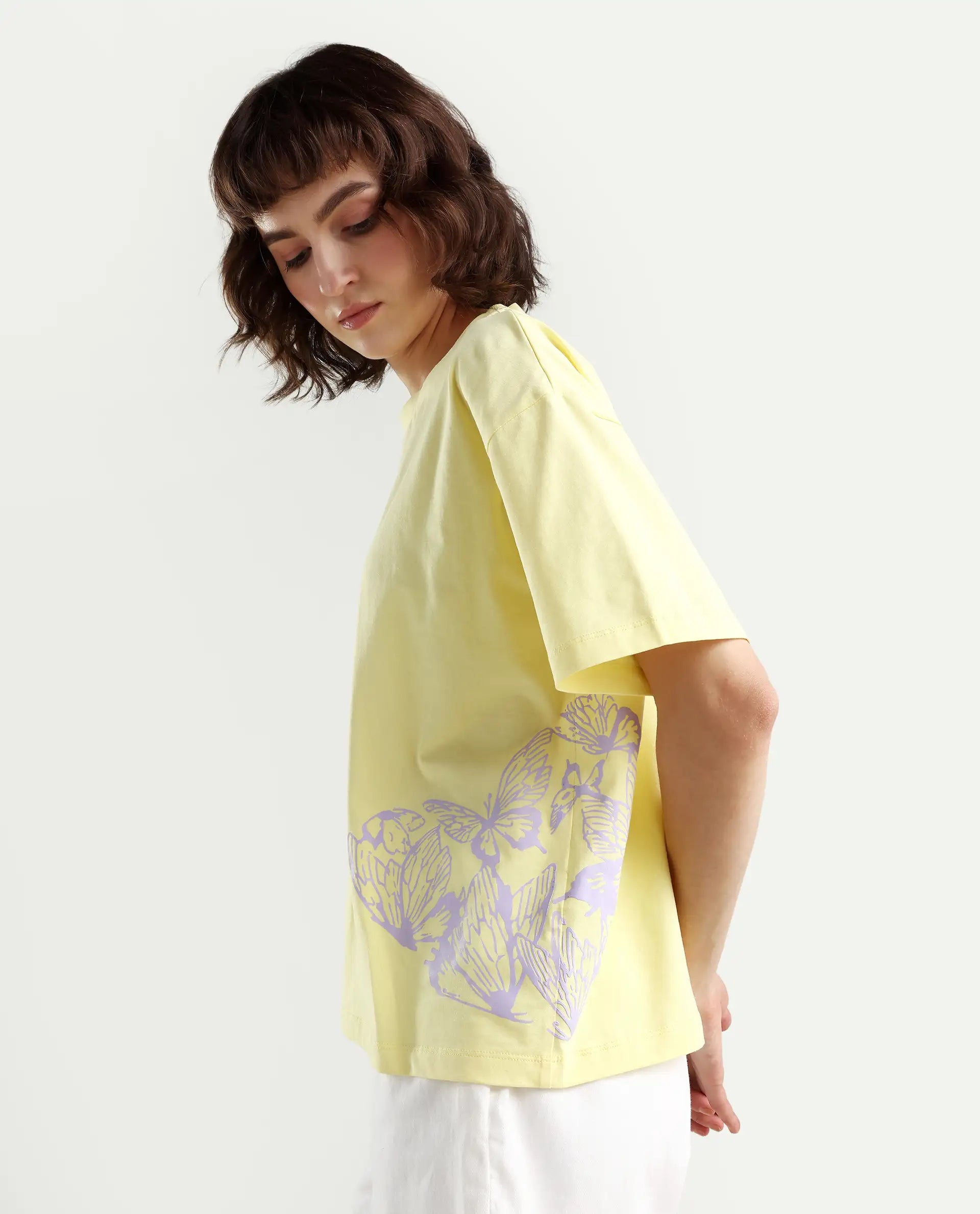 Rareism Women's Grando Yellow Cotton Blend Crew Neck Plain Boxy Fit T-Shirt