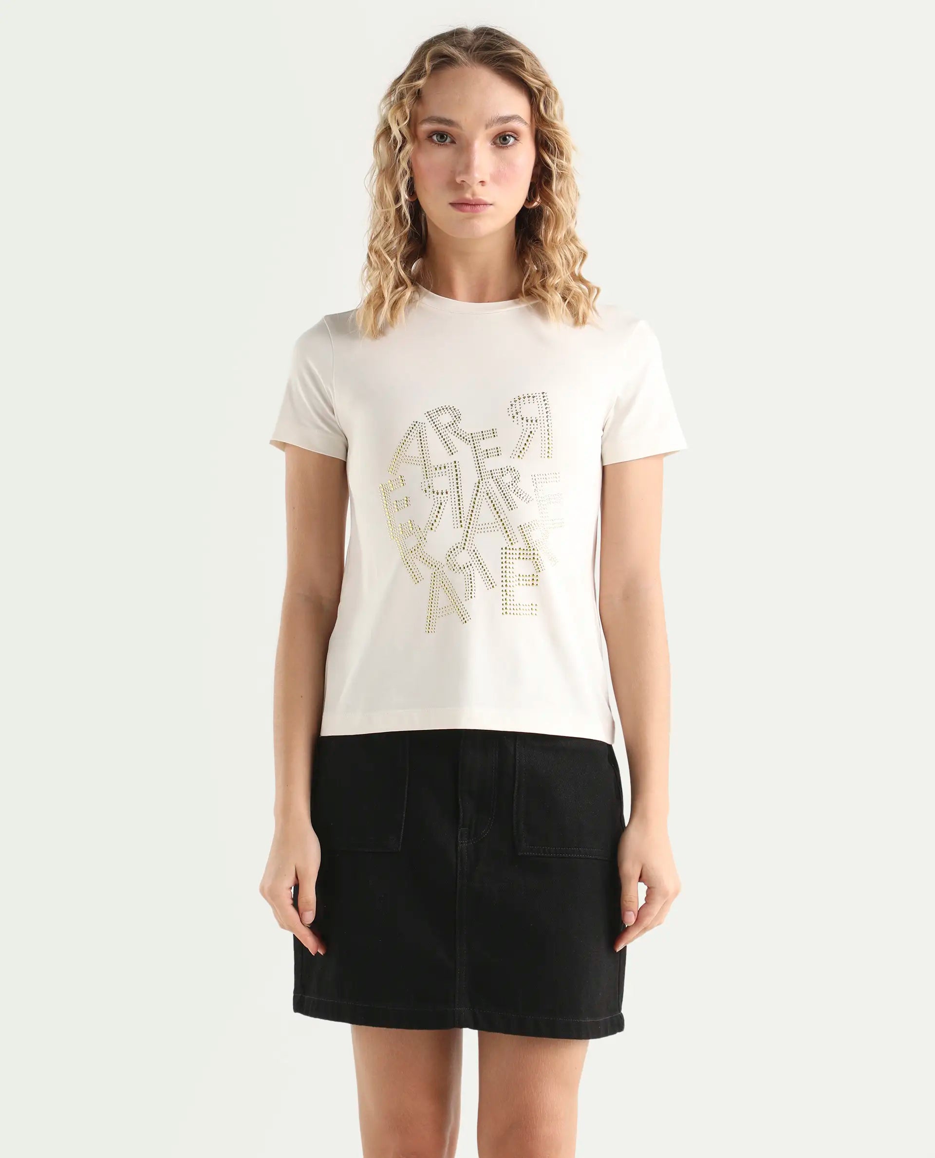 Rareism Women's Flank Off White Cotton Blend Crew Neck Graphic Print Regular Fit T-Shirt