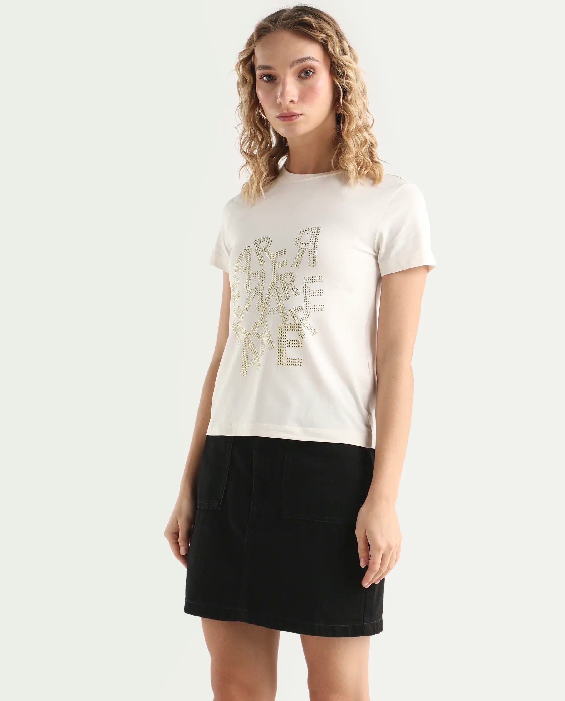 Rareism Women's Flank Off White Cotton Blend Crew Neck Graphic Print Regular Fit T-Shirt