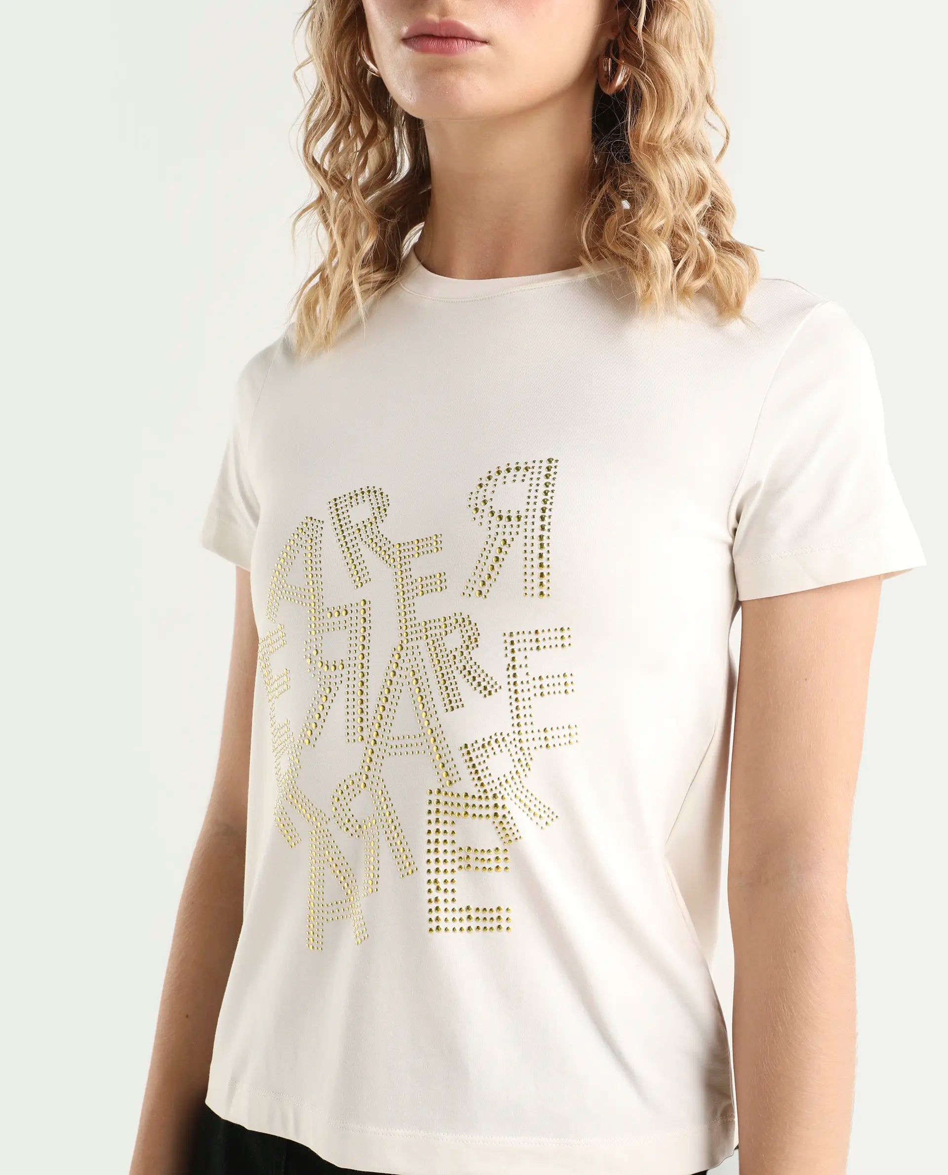 Rareism Women's Flank Off White Cotton Blend Crew Neck Graphic Print Regular Fit T-Shirt