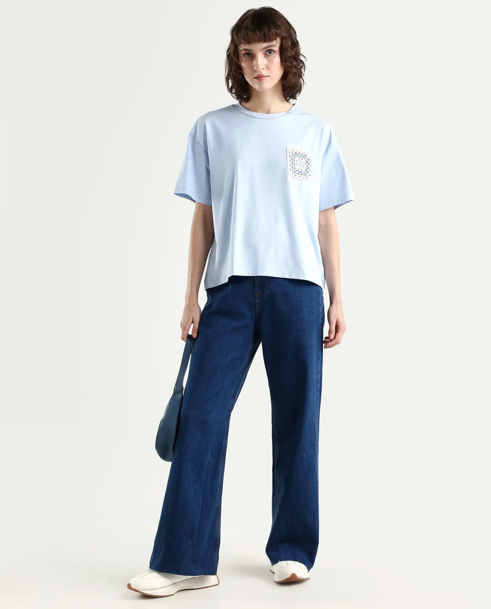 Rareism Women's Poppy Light Blue Cotton Blend Crew Neck Plain Boxy Fit T-Shirt