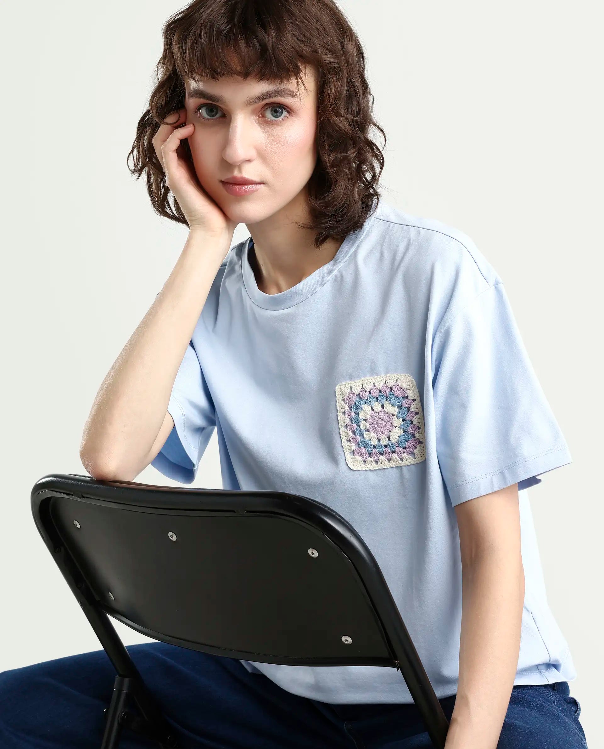 Rareism Women's Poppy Light Blue Cotton Blend Crew Neck Plain Boxy Fit T-Shirt