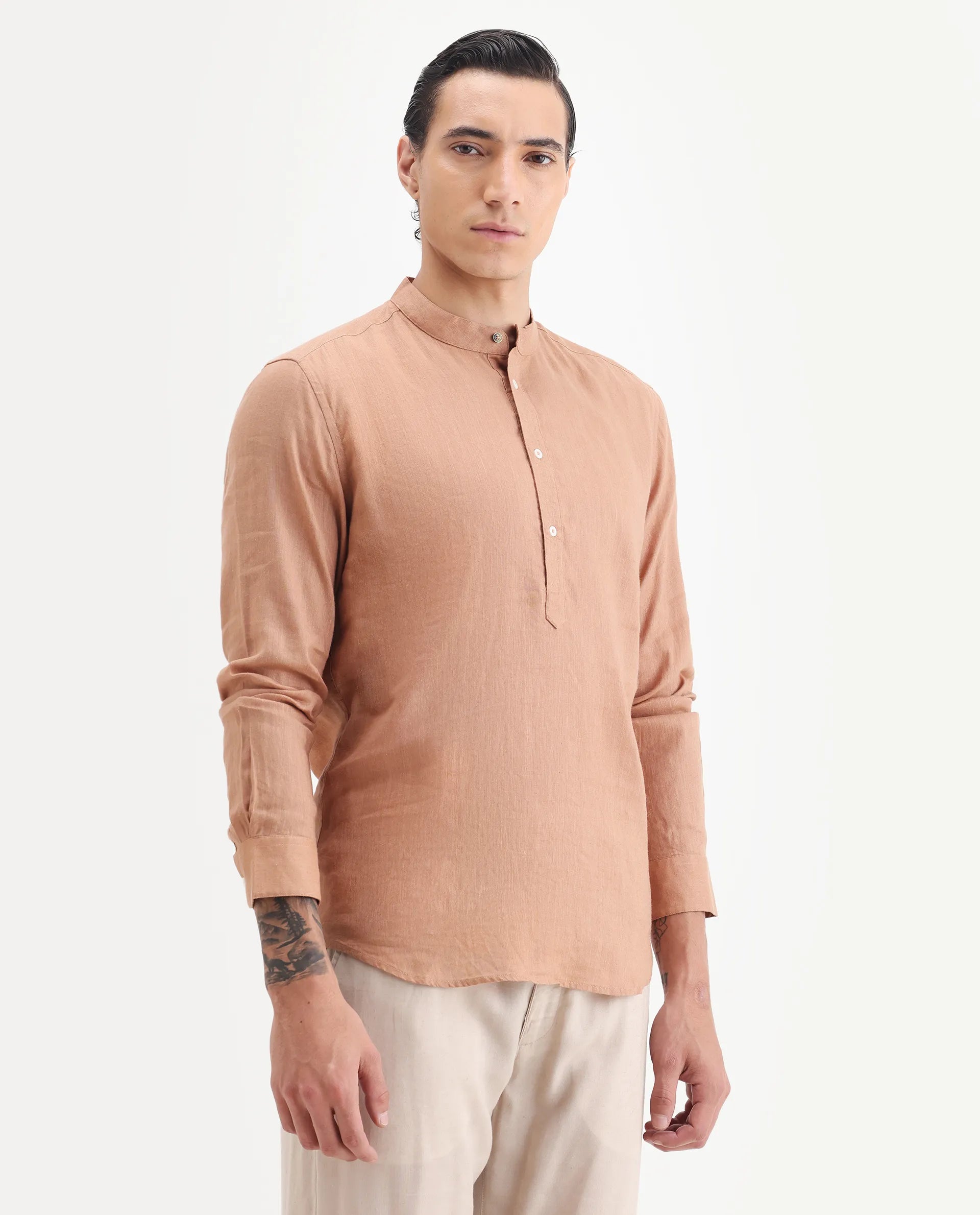 Rare Rabbit Men's Joi Beige 100% Linen Plain Regular Fit Full Sleeve Mandarin Collar Kurta