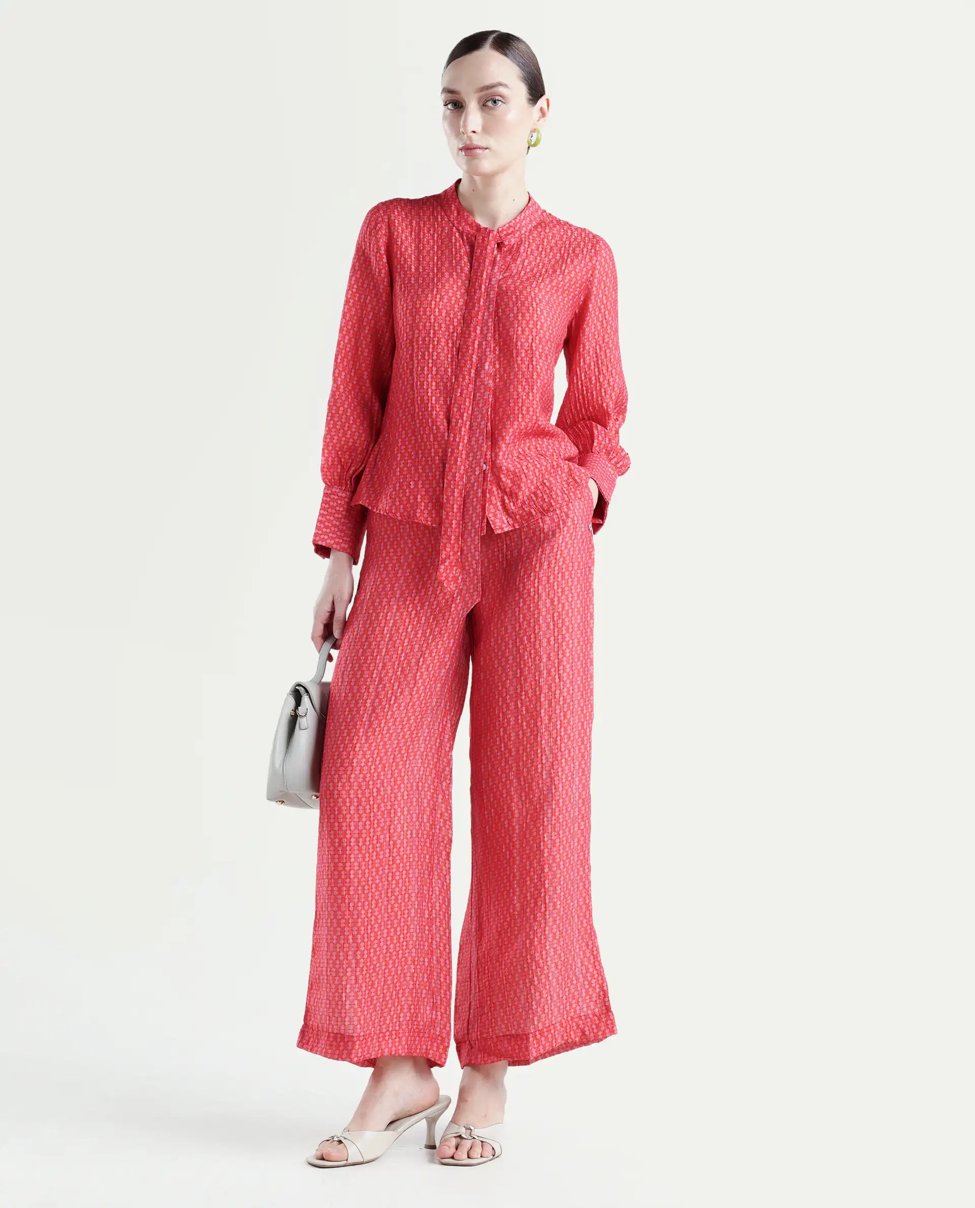 Rareism Women's Rusha-B Red Rayon Geometric Print Ankle Length Wide Trouser