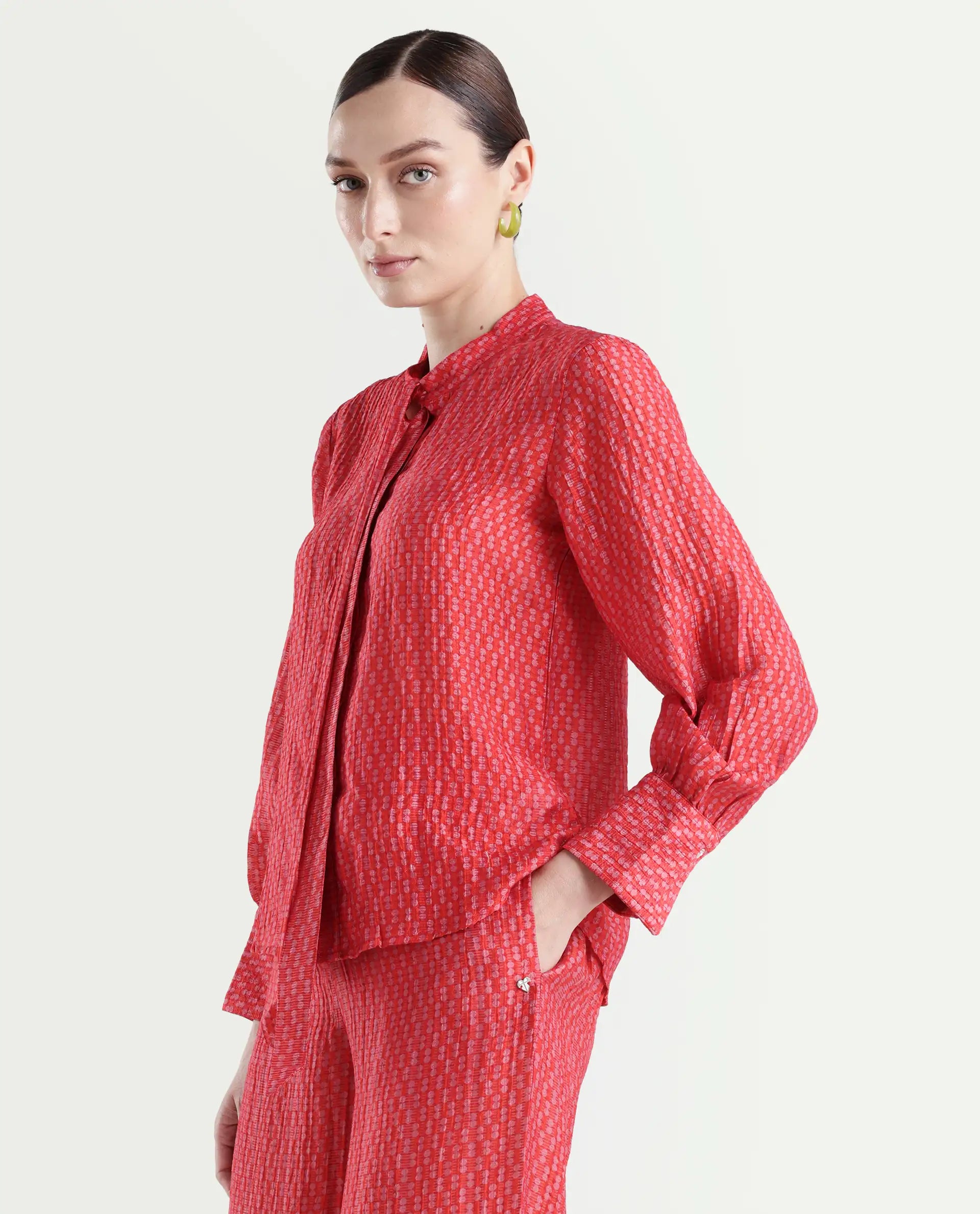 Rareism Women's Rusha-T Red Rayon Drop Collar Geometric Print Bishop Sleeve Regular Fit Top