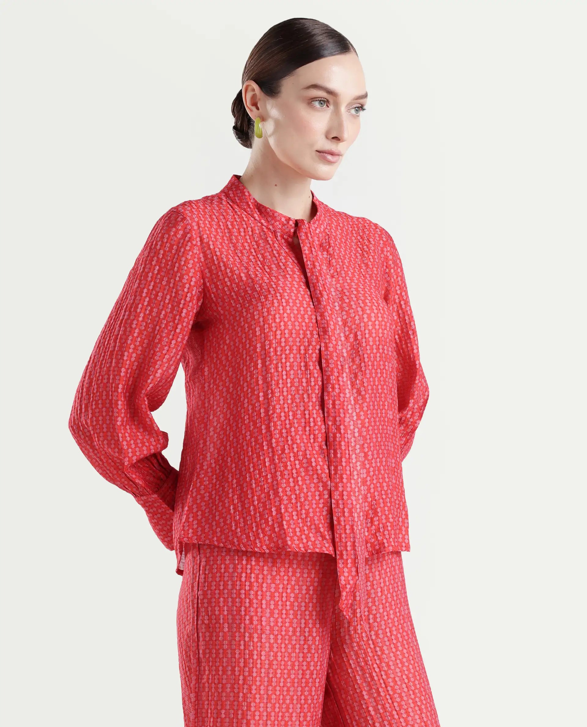 Rareism Women's Rusha-T Red Rayon Drop Collar Geometric Print Bishop Sleeve Regular Fit Top