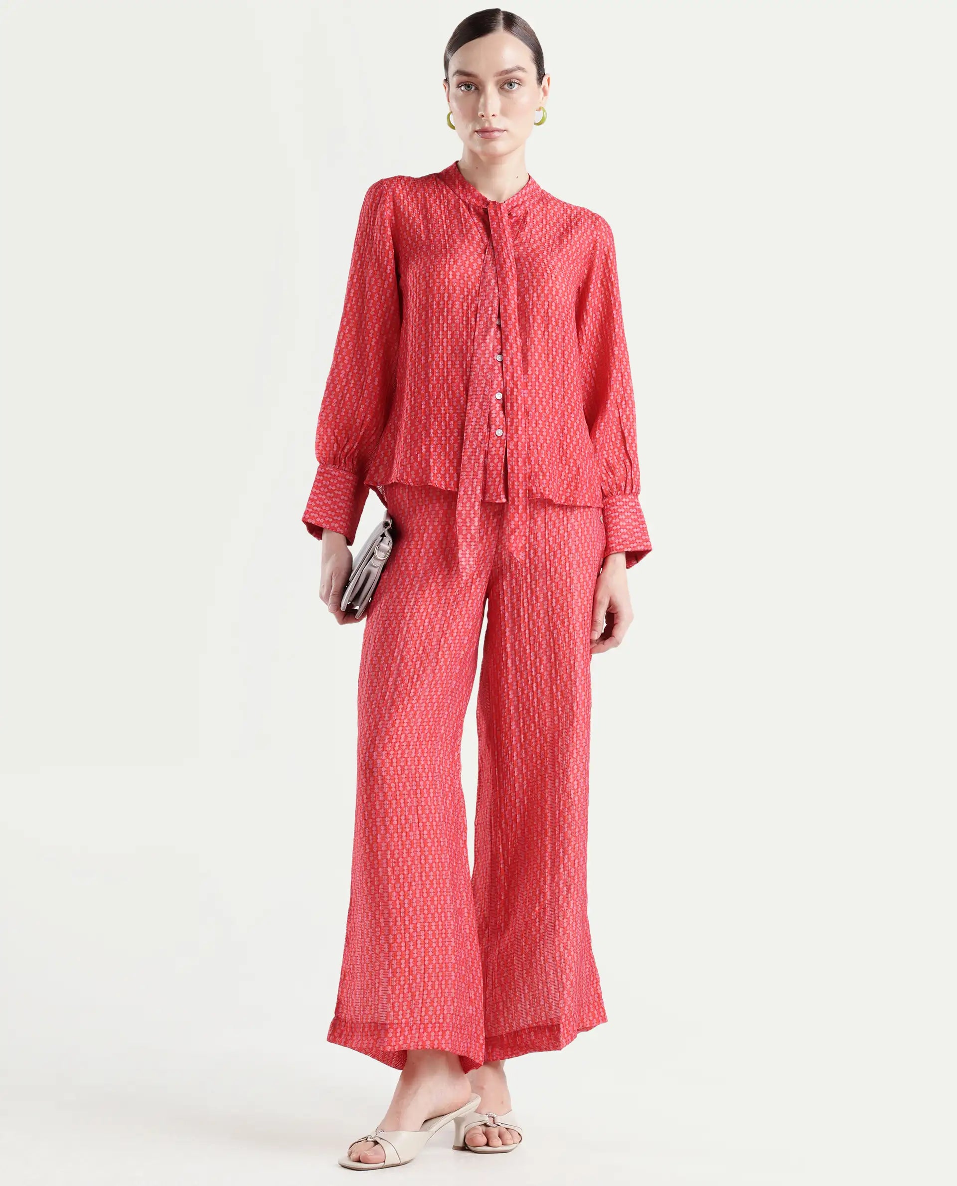 Rareism Women's Rusha-T Red Rayon Drop Collar Geometric Print Bishop Sleeve Regular Fit Top