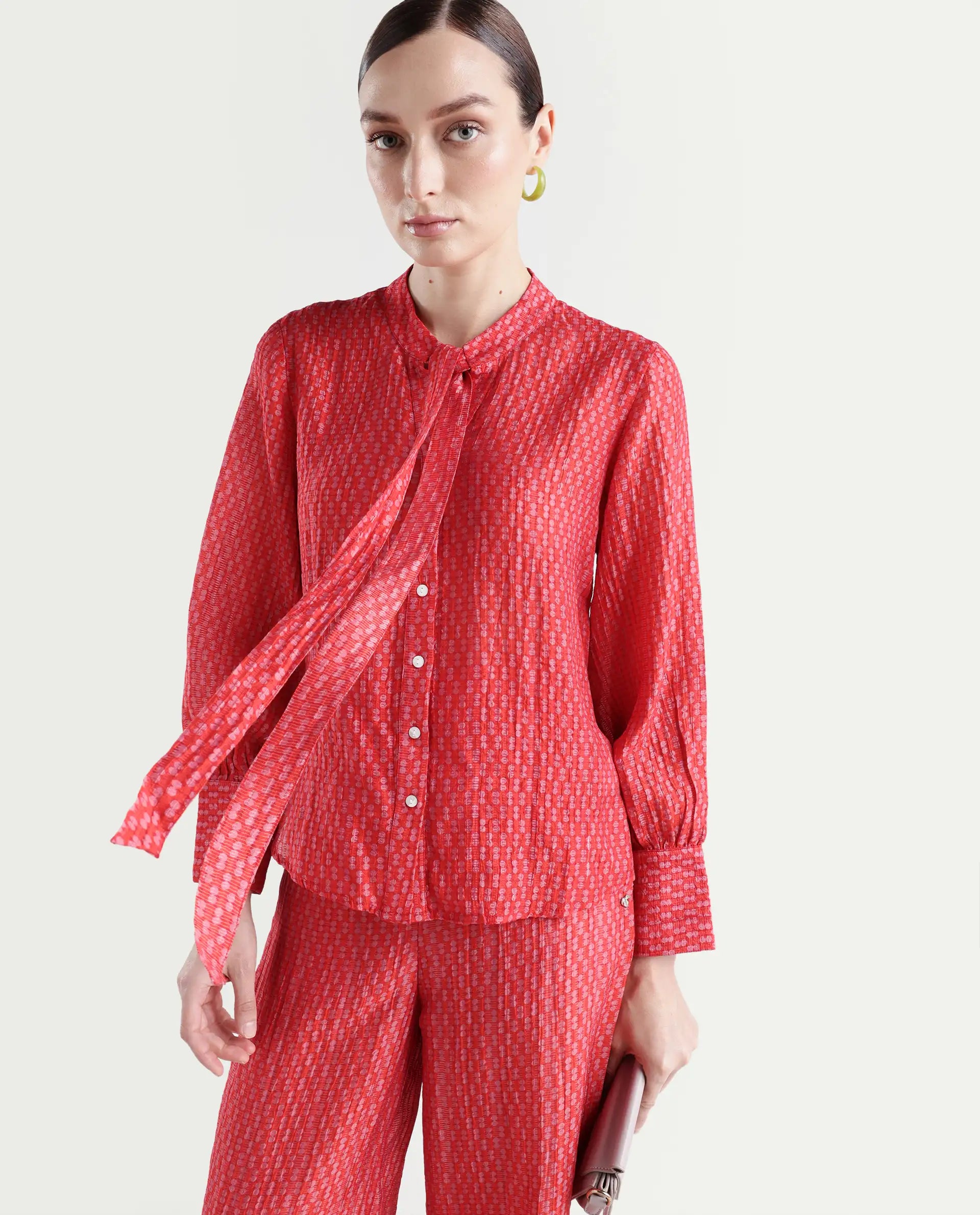 Rareism Women's Rusha-T Red Rayon Drop Collar Geometric Print Bishop Sleeve Regular Fit Top