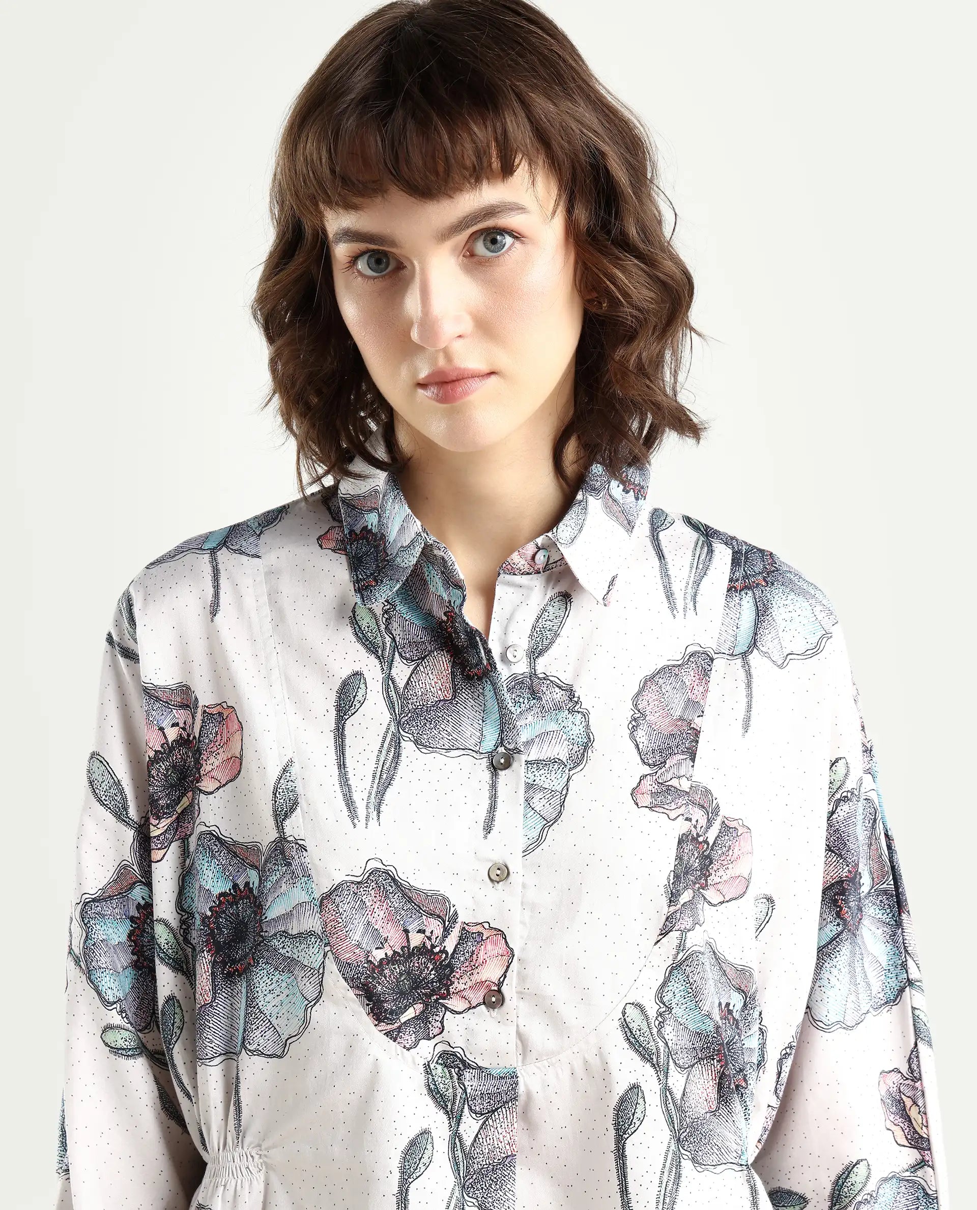 Rareism Women's Zobi Multi Drop Collar Floral Print Kimono Sleeve Regular Fit Top