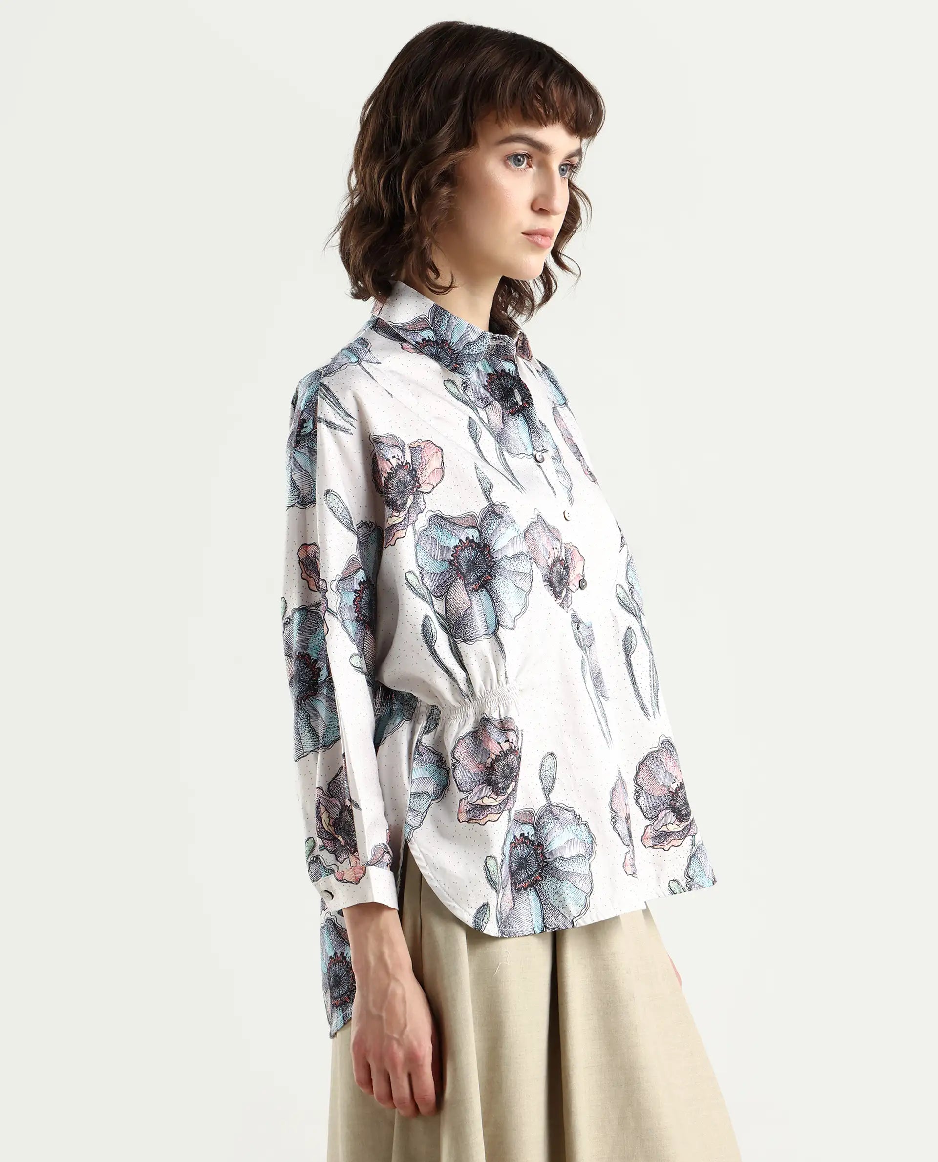 Rareism Women's Zobi Multi Drop Collar Floral Print Kimono Sleeve Regular Fit Top
