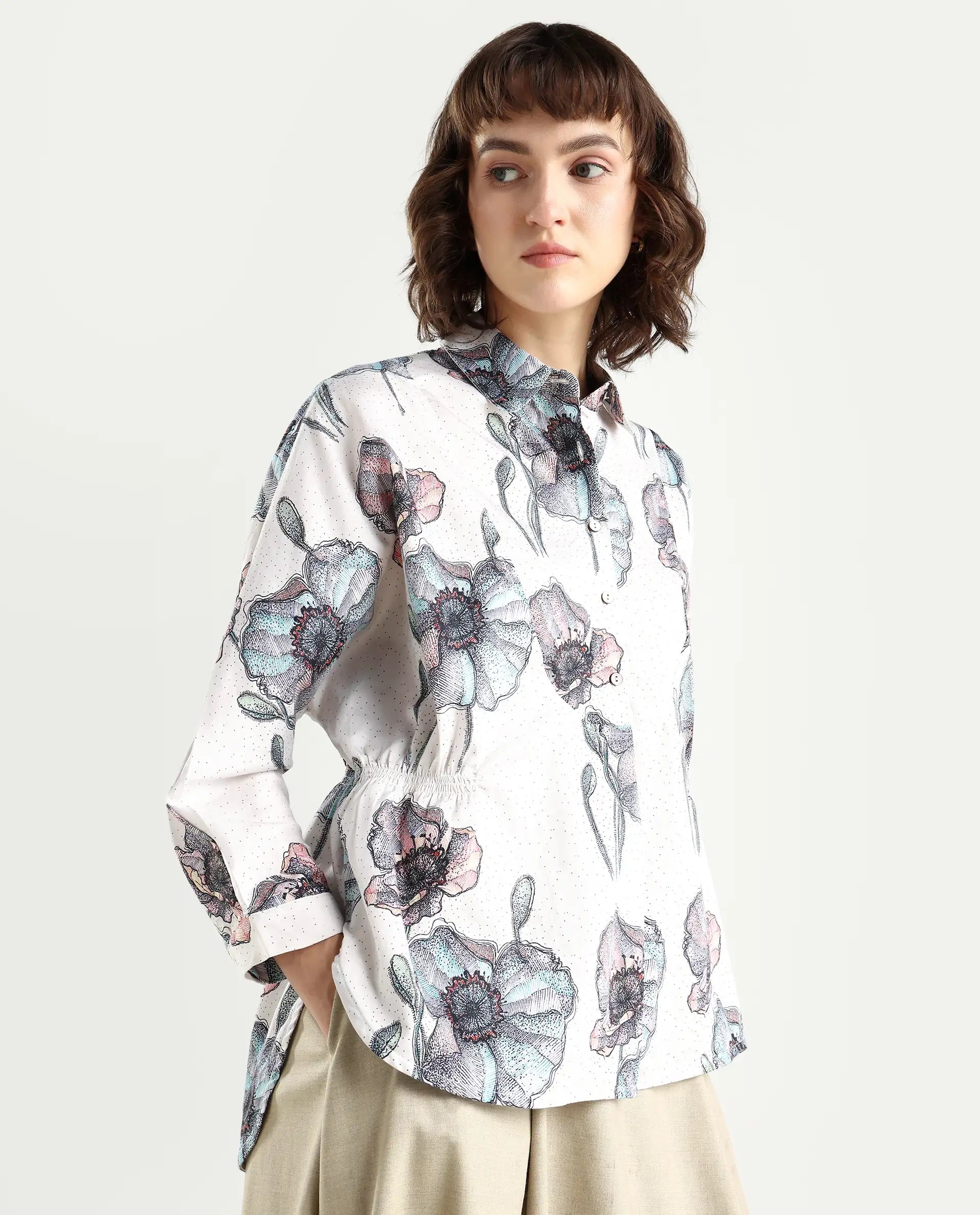 Rareism Women's Zobi Multi Drop Collar Floral Print Kimono Sleeve Regular Fit Top