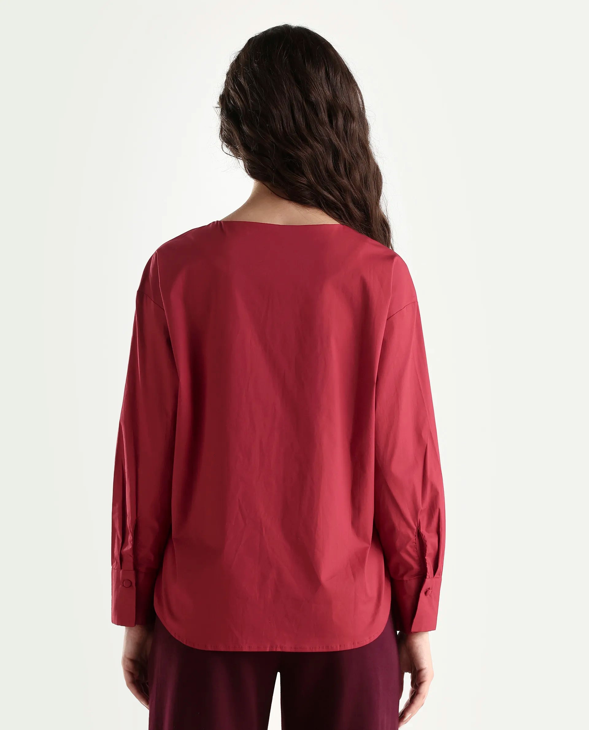Rareism Women's Nagoya Red Crew Neck Plain Cuffed Sleeve Regular Fit Top
