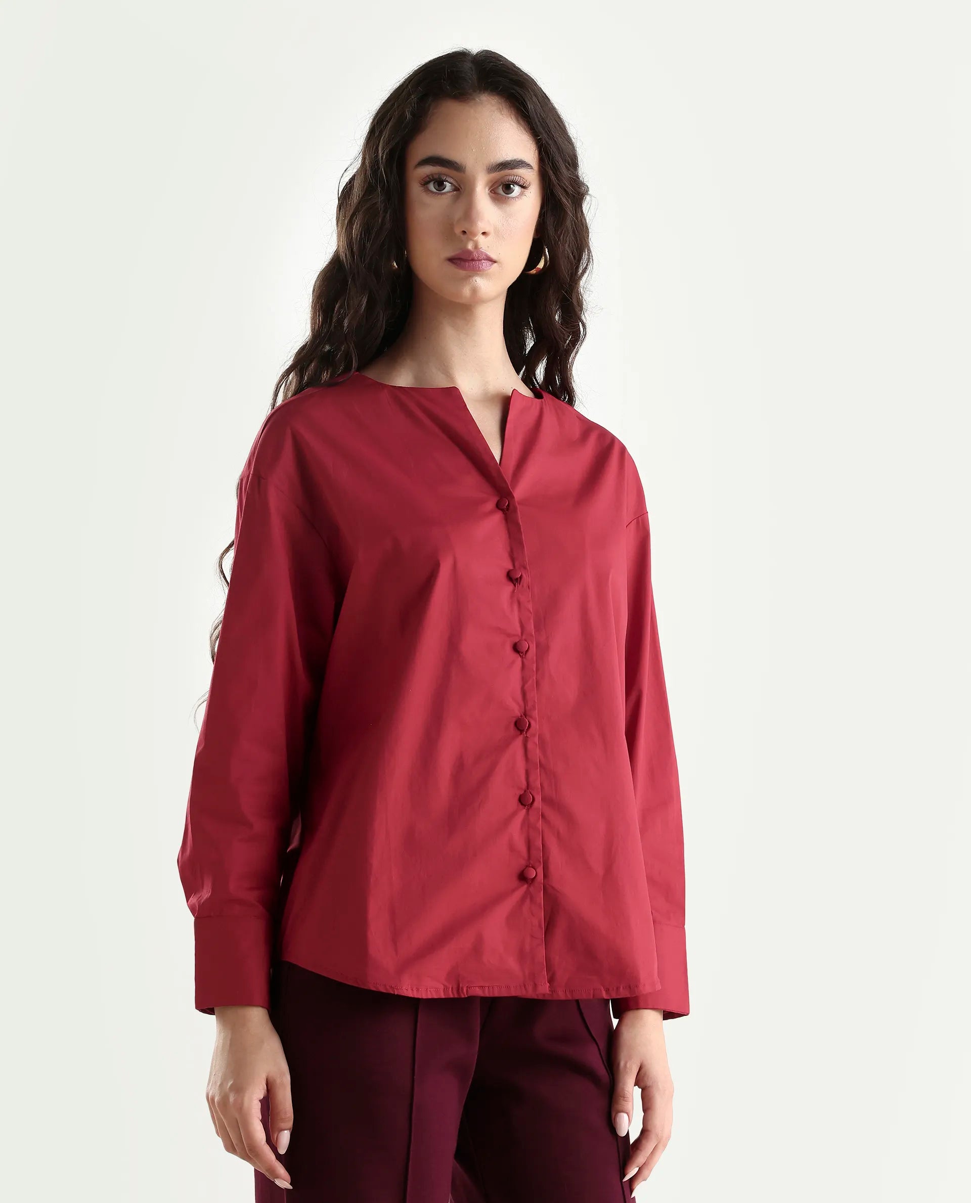 Rareism Women's Nagoya Red Crew Neck Plain Cuffed Sleeve Regular Fit Top