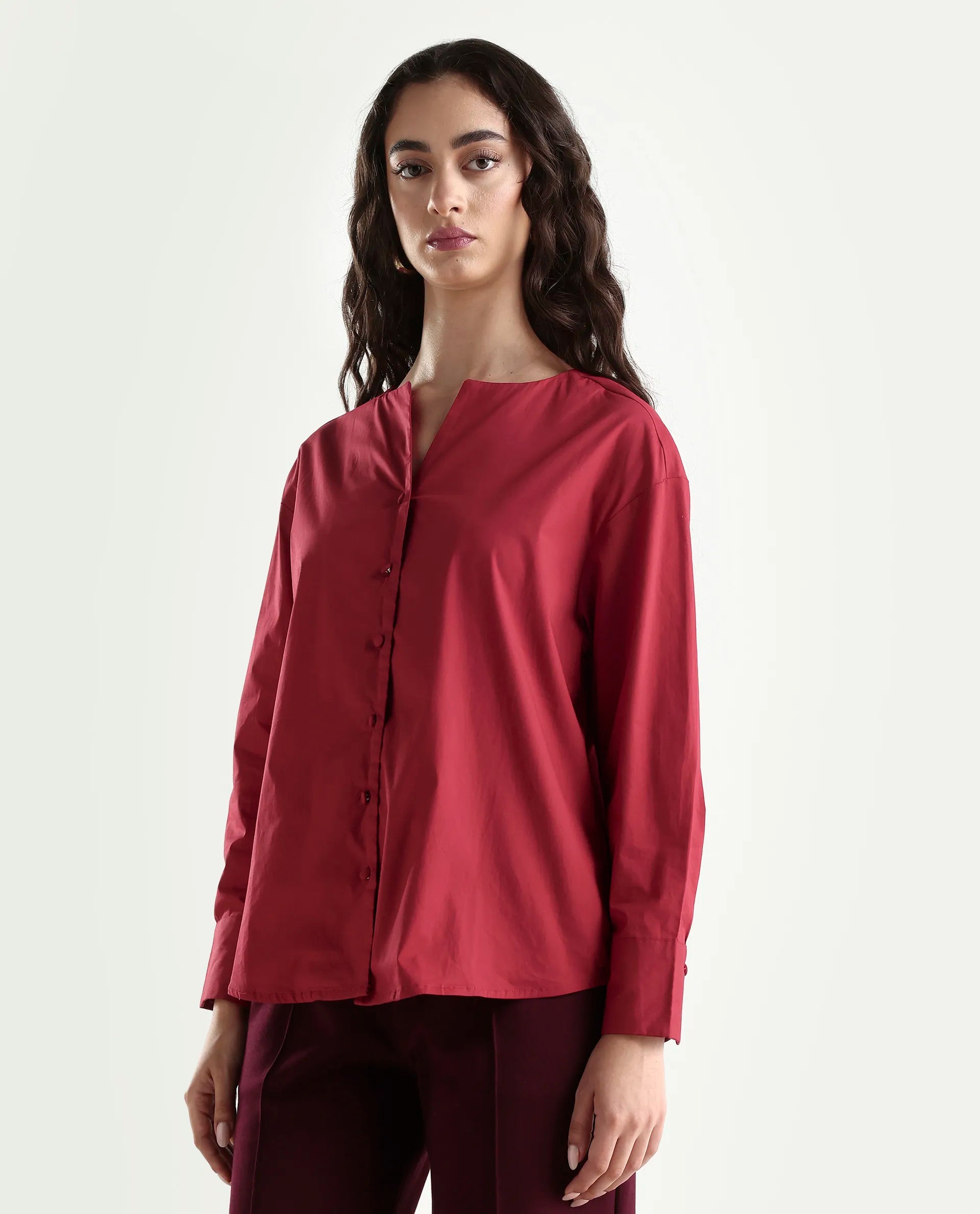 Rareism Women's Nagoya Red Crew Neck Plain Cuffed Sleeve Regular Fit Top