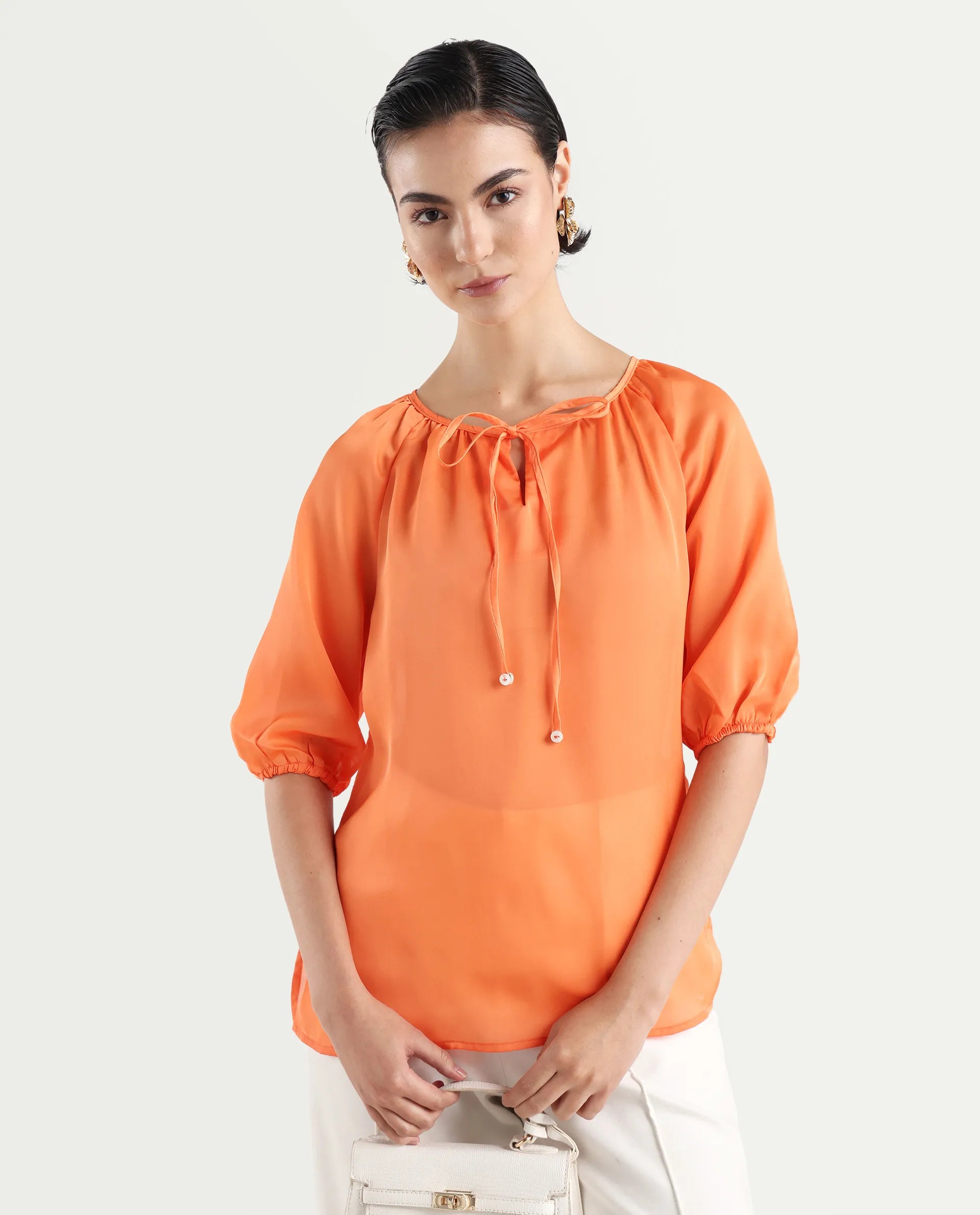 Rareism Women's Maleda Orange Tie-Up Neck Plain Raglan Sleeve Relaxed Fit Top