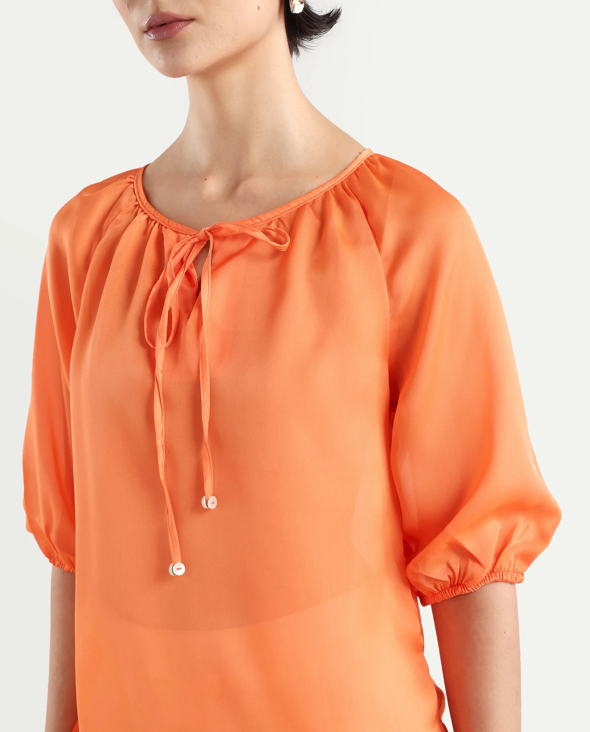 Rareism Women's Maleda Orange Tie-Up Neck Plain Raglan Sleeve Relaxed Fit Top