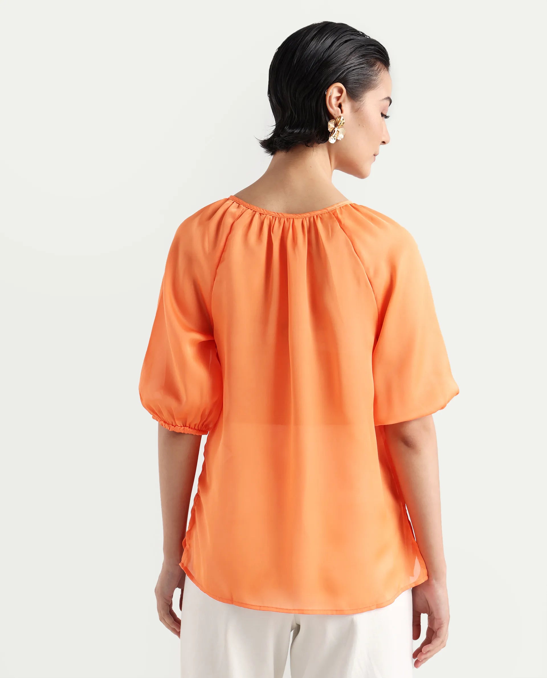 Rareism Women's Maleda Orange Tie-Up Neck Plain Raglan Sleeve Relaxed Fit Top