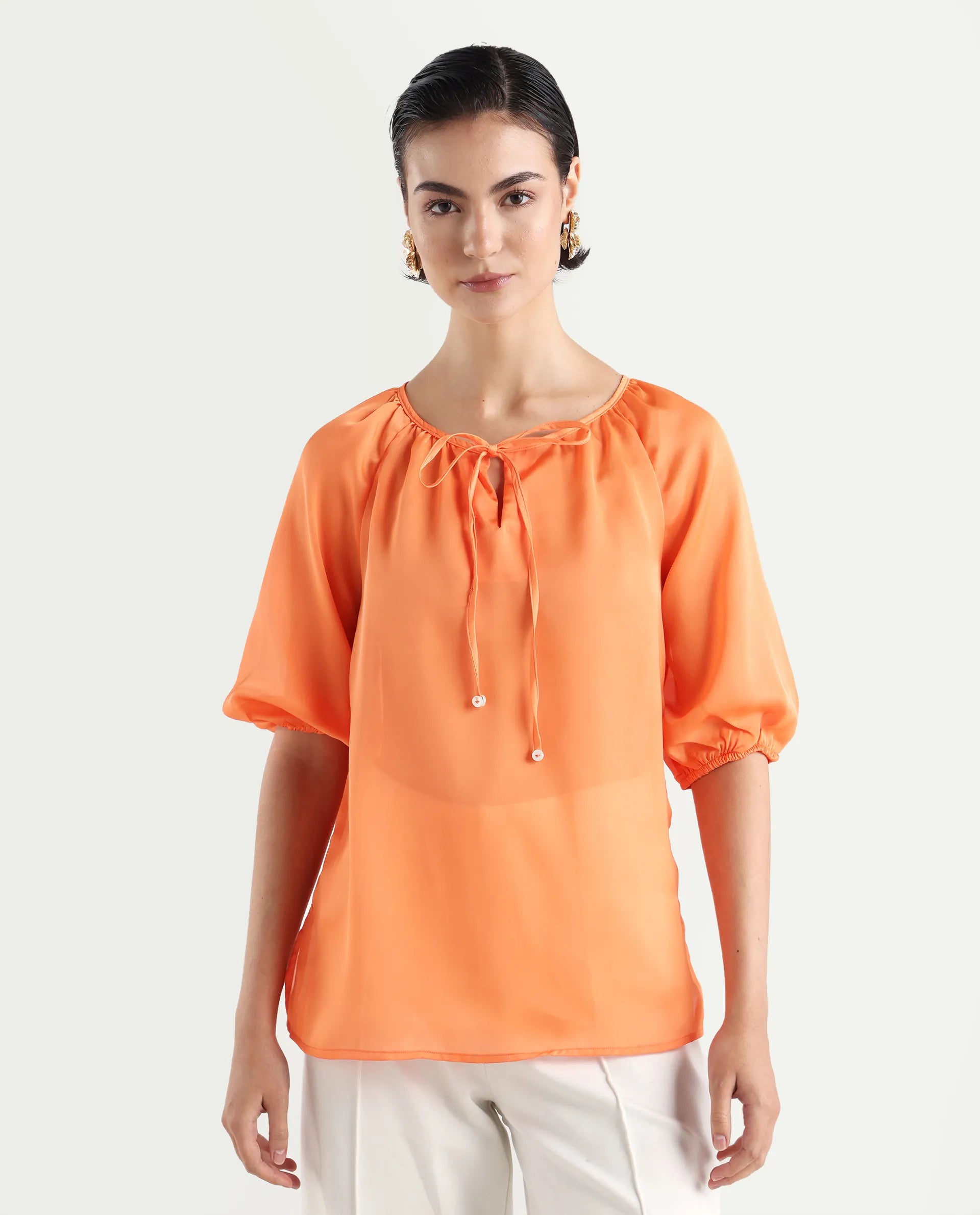 Rareism Women's Maleda Orange Tie-Up Neck Plain Raglan Sleeve Relaxed Fit Top
