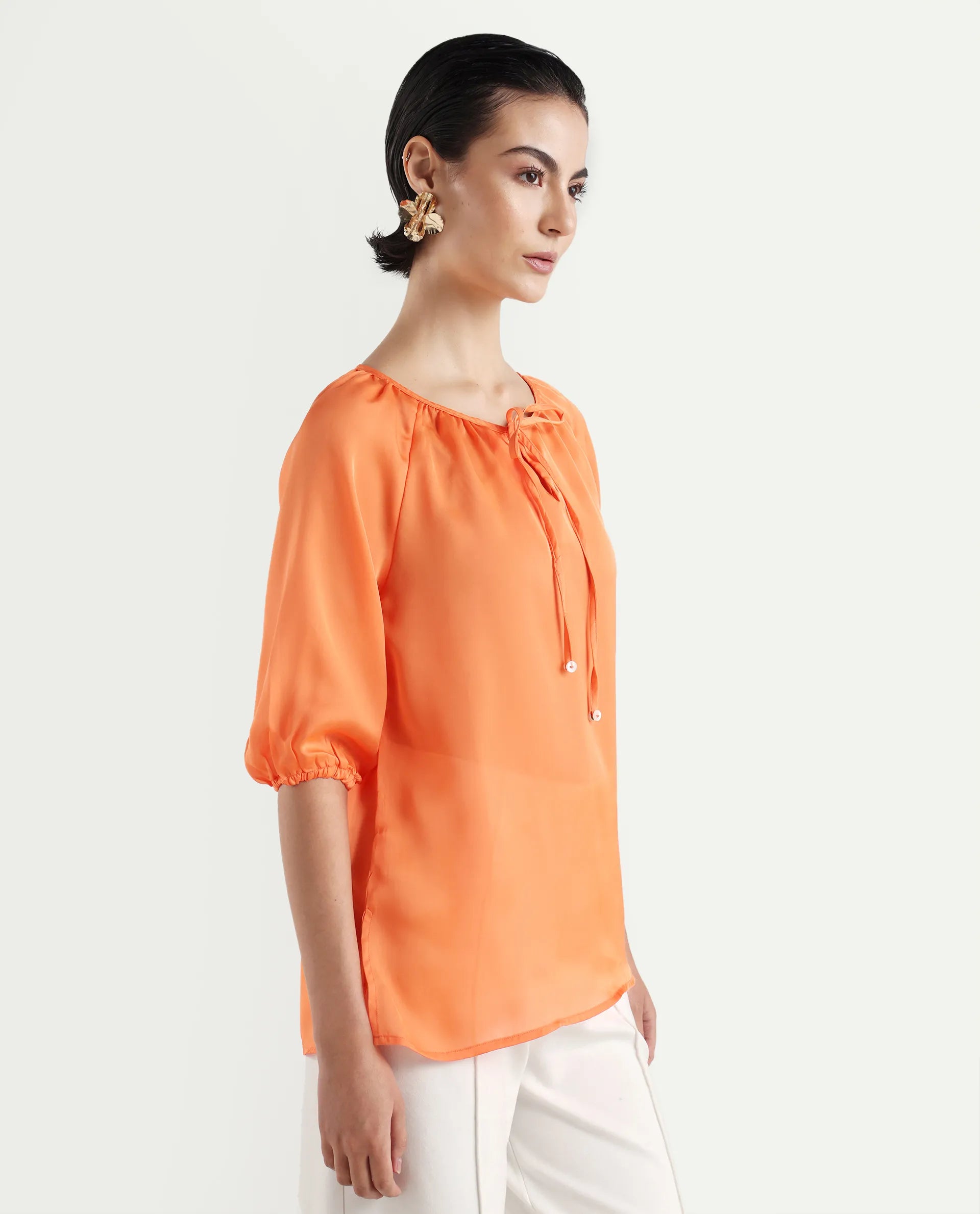 Rareism Women's Maleda Orange Tie-Up Neck Plain Raglan Sleeve Relaxed Fit Top