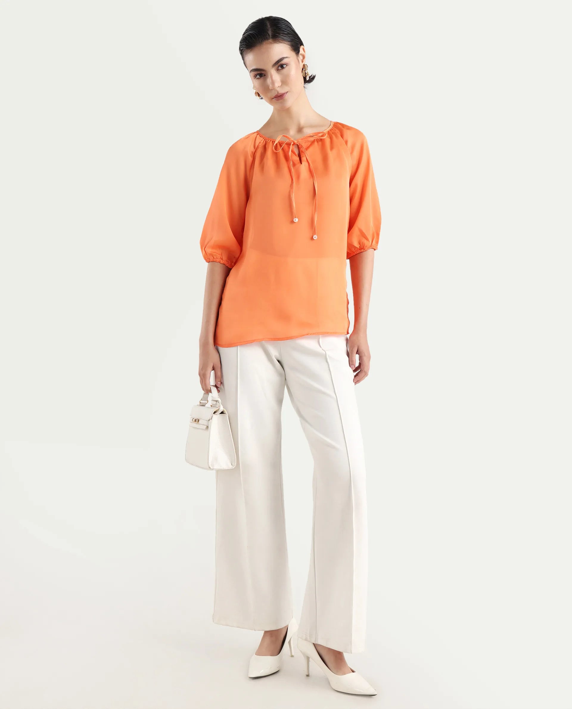 Rareism Women's Maleda Orange Tie-Up Neck Plain Raglan Sleeve Relaxed Fit Top