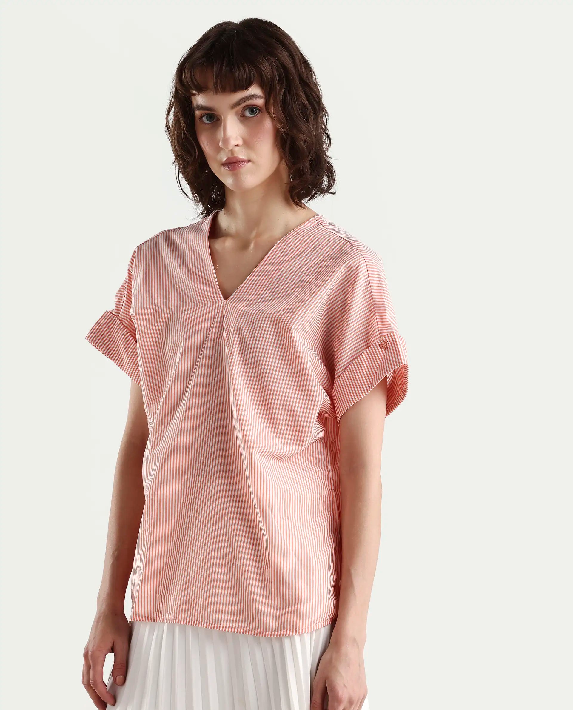 Rareism Women's Abdoo Orange V-Neck Striped Extended Sleeves Relaxed Fit Top