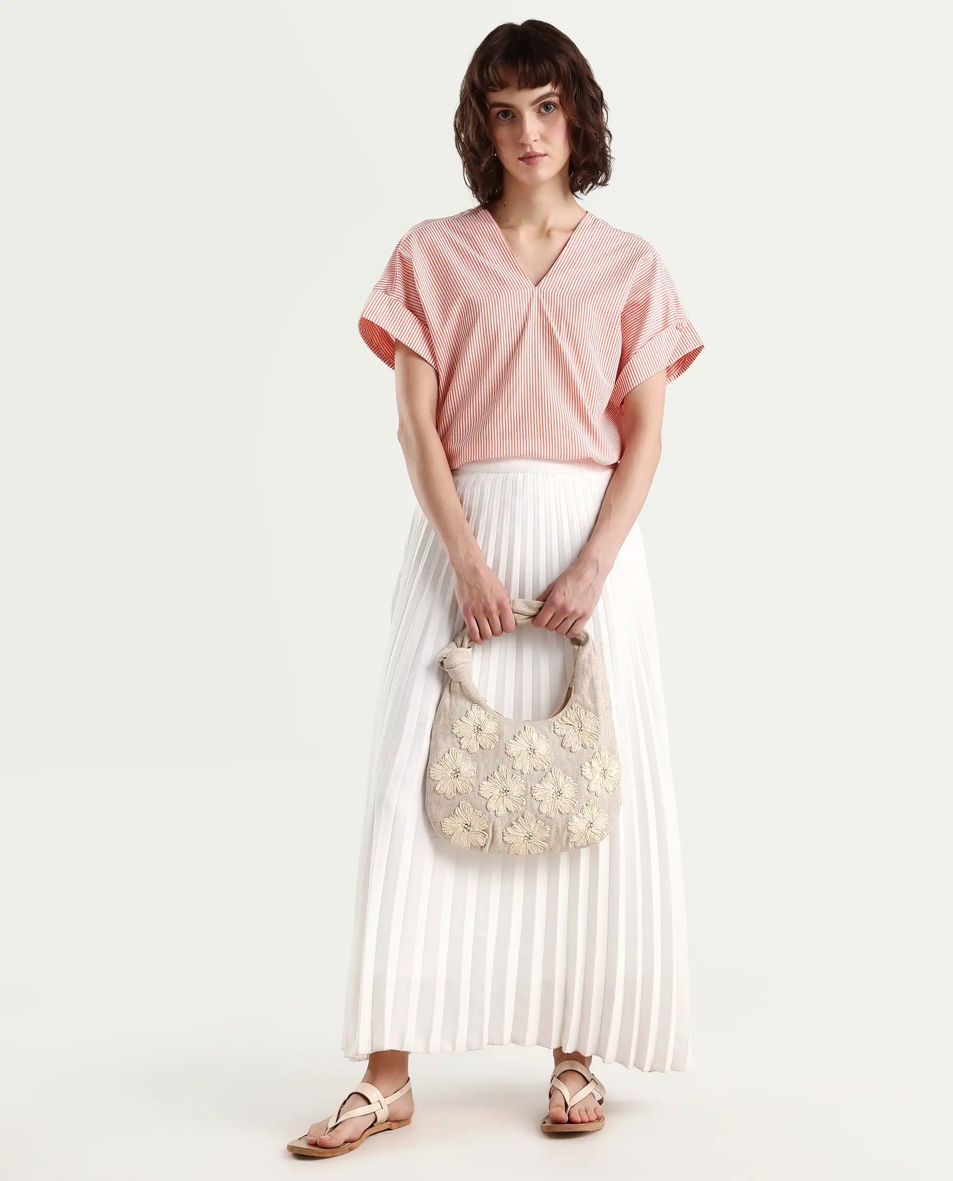 Rareism Women's Abdoo Orange V-Neck Striped Extended Sleeves Relaxed Fit Top